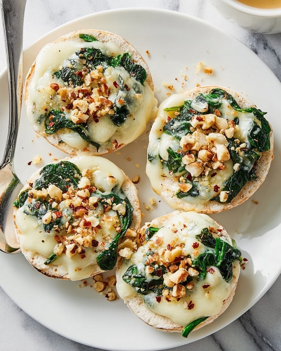 The image shows four English muffin halves on a white plate, each topped with layers starting with a light golden toasted English muffin base, followed by cooked dark green spinach leaves, then a thick layer of melted white cheese that is creamy and slightly bubbly, and finally sprinkled with golden brown crunchy crumbs and small bits of seasoning, all arranged closely together. A large silver spoon rests on the edge of the plate, and the plate sits on a white marbled surface. photo taken with an iphone --ar 4:5 --v 7