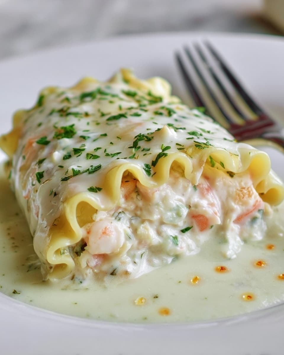 A rolled lasagna dish is shown on a white plate with a white marbled texture underneath. The lasagna has a wavy, light yellow pasta sheet wrapped around a creamy white filling that contains visible small shrimp pieces with soft pink details and green herbs. The top layer is covered with a smooth, white sauce sprinkled with finely chopped green herbs and some small brown spots, indicating slight browning. Sauce also surrounds the base of the lasagna, pooling on the plate. A silver fork is placed behind the lasagna. Photo taken with an iphone --ar 4:5 --v 7
