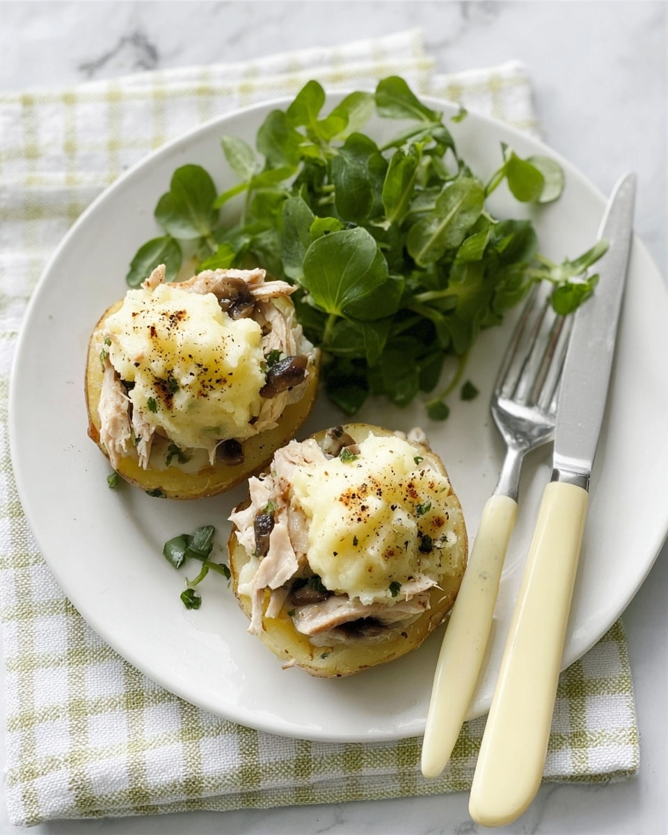 Two stuffed vegetable halves sit side by side on a white plate, placed on a white marbled surface. Each half has a base layer of cooked vegetable, light green and soft, topped with shredded brown mushrooms scattered across the surface. Above the mushrooms is a thick scoop of creamy, fluffy mashed potatoes, slightly browned on top and sprinkled with a little black pepper. To the side, there is a small bunch of fresh dark green leaves. A silver fork with a yellow handle lies next to the vegetable halves on the plate. photo taken with an iphone --ar 4:5 --v 7