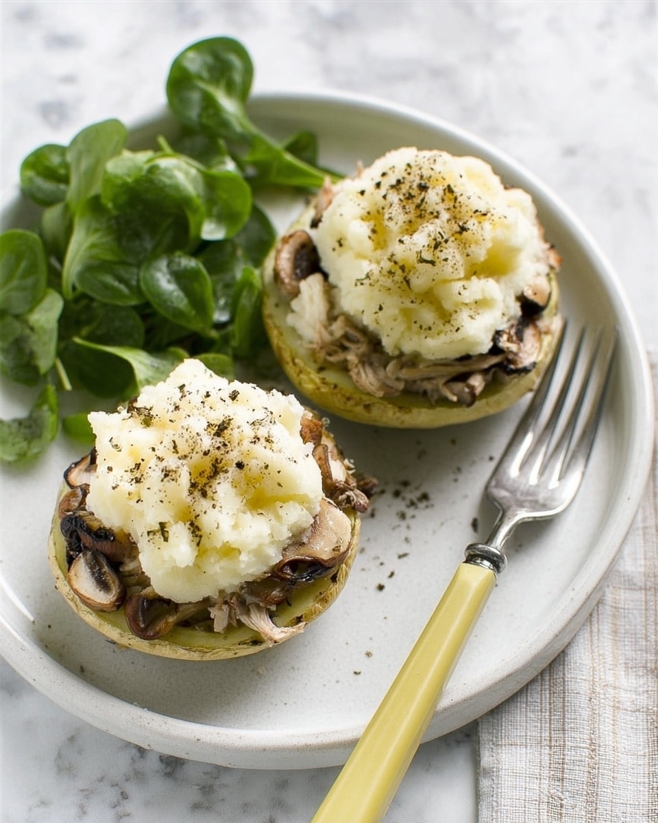 The image shows a white plate with two stuffed potato rounds, each layered three times: the bottom layer is a thick slice of potato, the middle layer is shredded chicken mixed with small pieces of mushroom, and the top layer is a dollop of creamy mashed potatoes sprinkled with black pepper. Next to the stuffed potatoes is a small bunch of fresh green leafy watercress. On the right side of the plate is a fork and a knife with a pale yellow handle resting on the plate. The plate is placed on a white marbled surface with a light checkered cloth underneath. Photo taken with an iphone --ar 4:5 --v 7