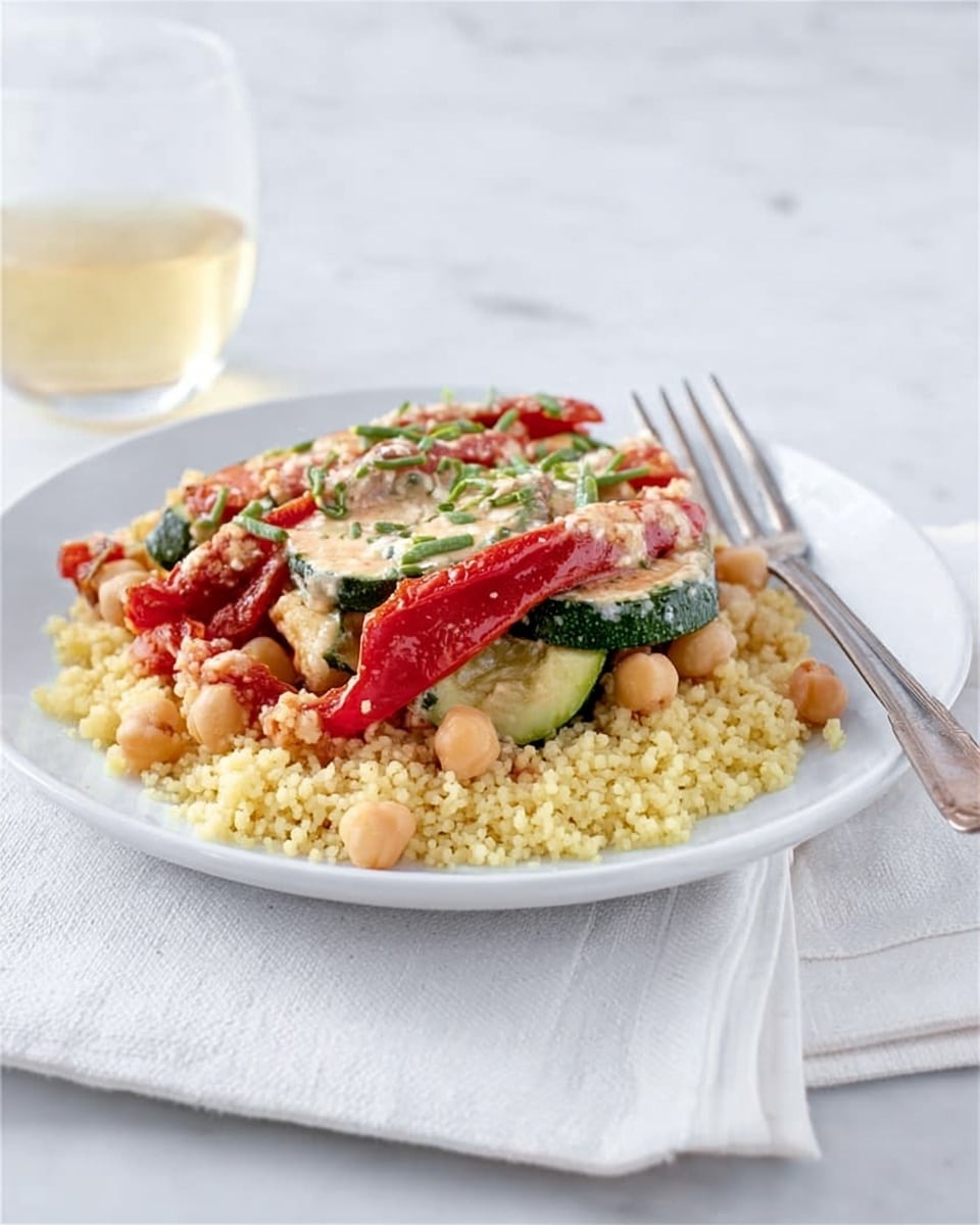 The dish shows a layer of light yellow couscous spread evenly at the bottom of a white plate. On top of the couscous, there is a mix of beige chickpeas and long slices of green zucchini with dark green skin and soft interiors. Bright red strips of roasted red peppers are scattered over the vegetables, all covered in a creamy white sauce with visible herbs. Small bits of chopped herbs add hints of green on top, giving a fresh look. The plate sits on a white marbled surface, with a silver fork on the right edge. In the background, there is a clear glass with a light yellow drink. Photo taken with an iphone --ar 4:5 --v 7