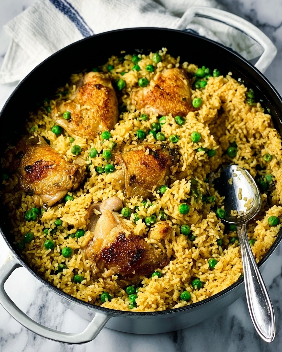 A dark pot filled with a dish consisting of three main layers: the bottom layer is a textured mix of golden-brown rice grains cooked to a soft, fluffy look; scattered throughout and on top are bright green peas evenly spread, adding pops of color; the top layer features several pieces of browned chicken thighs with crisp edges, nestled among the rice and peas. A long silver spoon rests inside the pot, partly submerged in the food. The pot is placed on a white marbled surface with a white cloth and a dark blue cloth visible in the background. Photo taken with an iphone --ar 4:5 --v 7