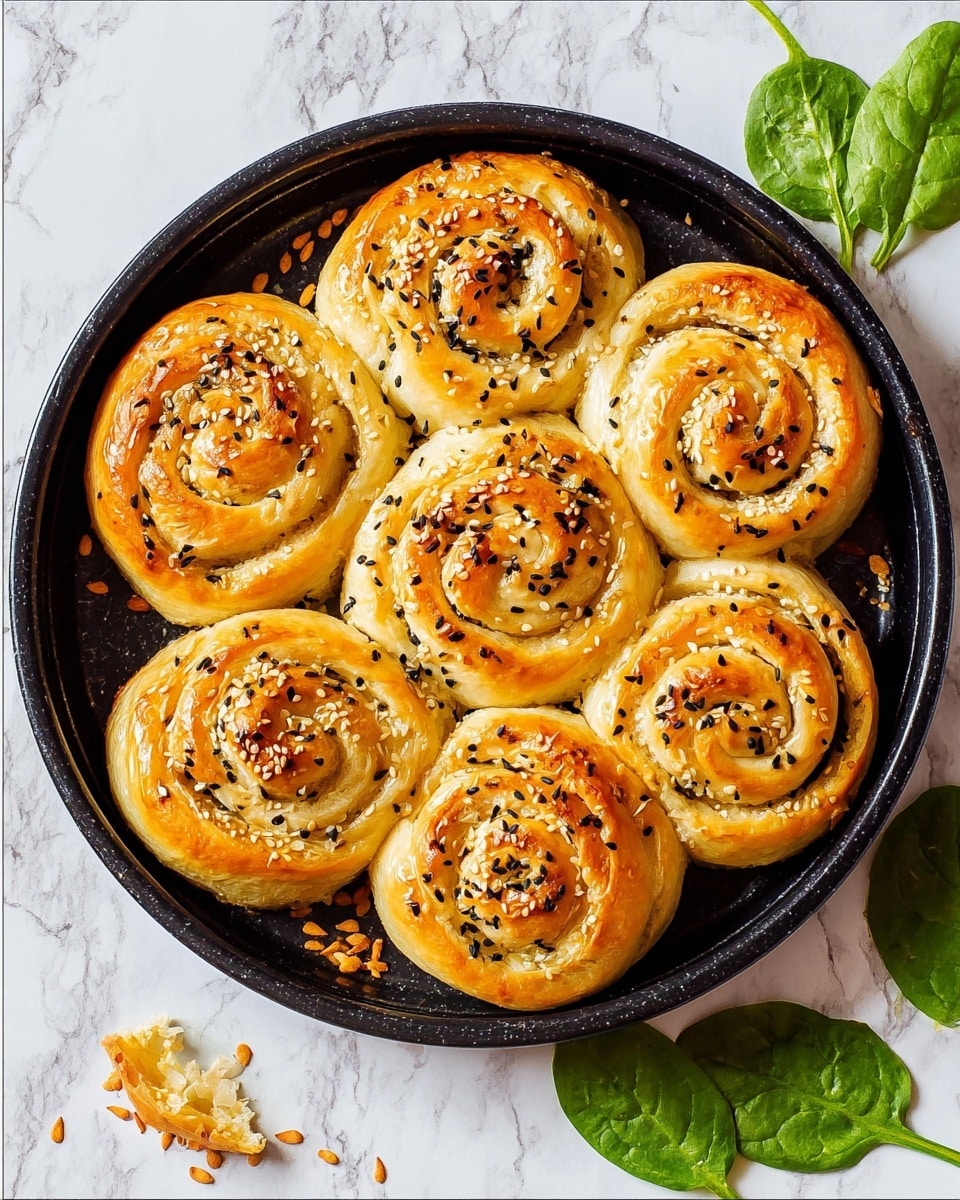 The image shows six golden-brown spiral pastries in a round black pan, arranged close together with one space missing where crumbs and bits of pastry remain. Each pastry is made of thin, flaky layers tightly rolled in a spiral with a shiny surface sprinkled with black seeds. The pan sits on a white marbled surface with a few green spinach leaves nearby, adding a fresh touch. The pastries look crispy and slightly puffy, with some layers peeling gently at the edges. Photo taken with an iphone --ar 4:5 --v 7