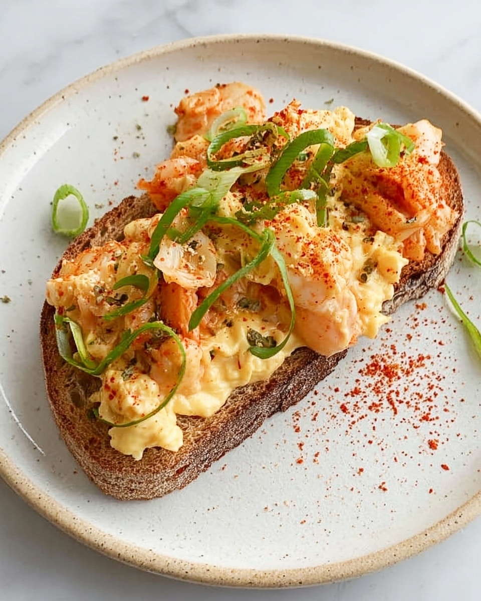 The image shows a piece of crusty bread topped with three main layers. The bottom layer is scrambled eggs, soft and creamy with a light yellow color. On top of the eggs, there are pieces of kimchi, red-orange and slightly wet, adding texture and color contrast. The dish is sprinkled with sliced green onions and some red seasoning powder, giving a touch of green and red color across the food. All of this is served on a white plate with subtle speckles, placed on a white marbled surface. photo taken with an iphone --ar 4:5 --v 7