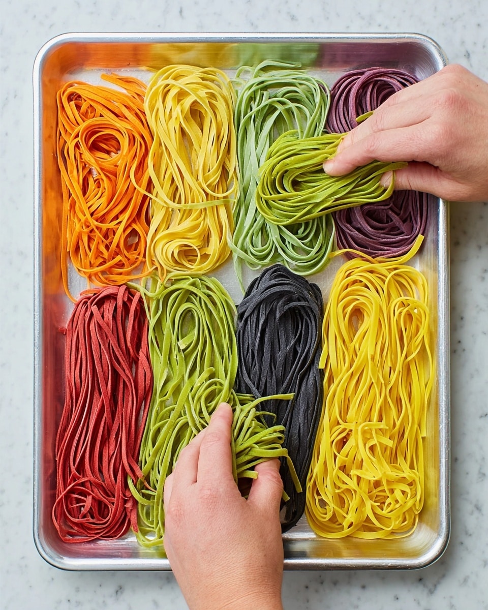 The image shows a metal tray filled with six neat piles of colorful noodles placed side by side in a row. From left to right, the colors are orange, green, red, yellow, another yellow pile, and purple. The noodles have a slightly glossy texture and look fresh. Two woman's hands are gently holding the green noodles on the left side and the yellow noodles on the right side. The tray is set on a white marbled surface. photo taken with an iphone --ar 4:5 --v 7