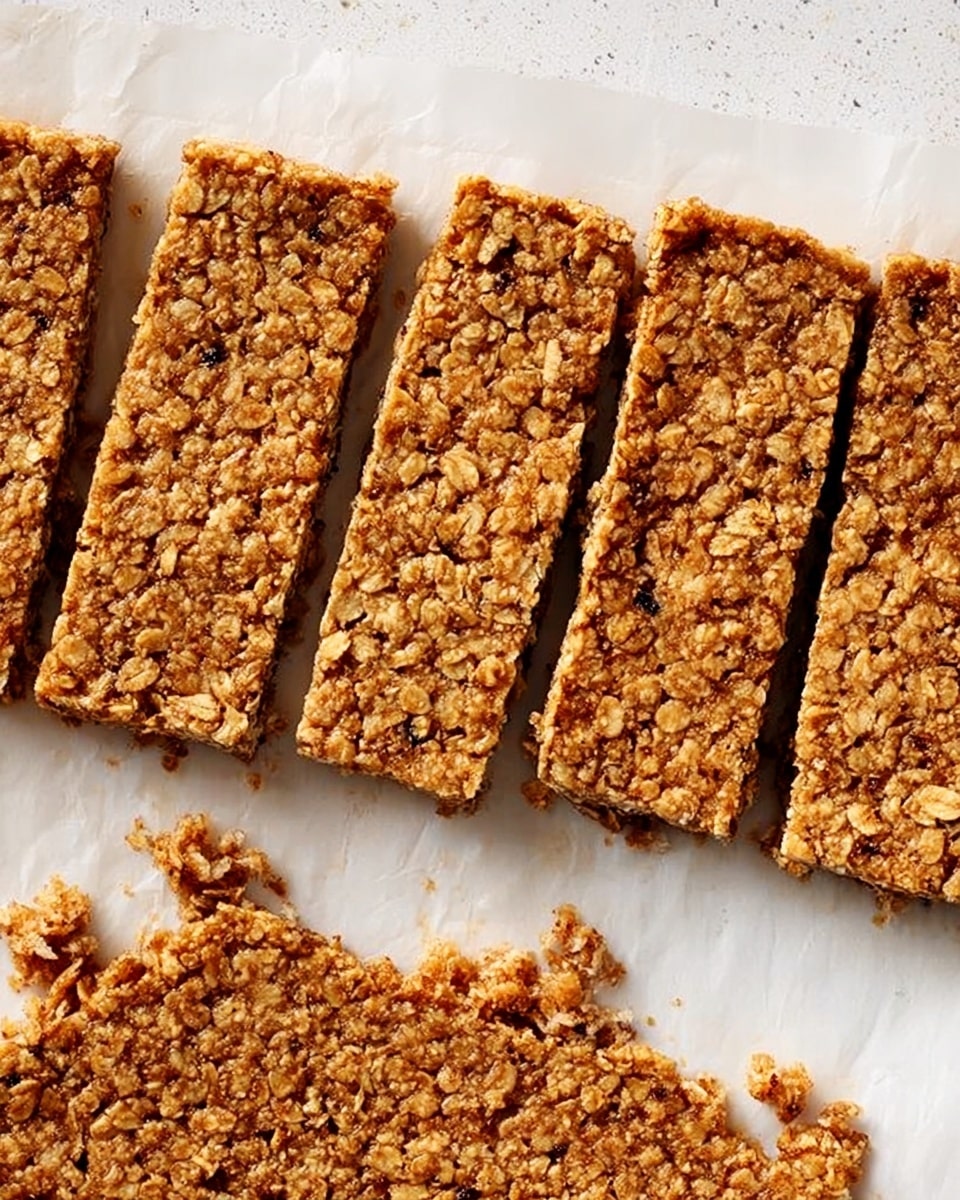 The image shows five rectangular oat bars placed on white parchment paper over a white marbled surface. The oat bars have a rough texture with a golden-brown color, showing visible oat flakes pressed together. Four bars are separated at the top, and one bar is partially connected to a larger sheet of oat bars at the bottom left. Small crumbs are scattered around the bars. Photo taken with an iphone --ar 4:5 --v 7