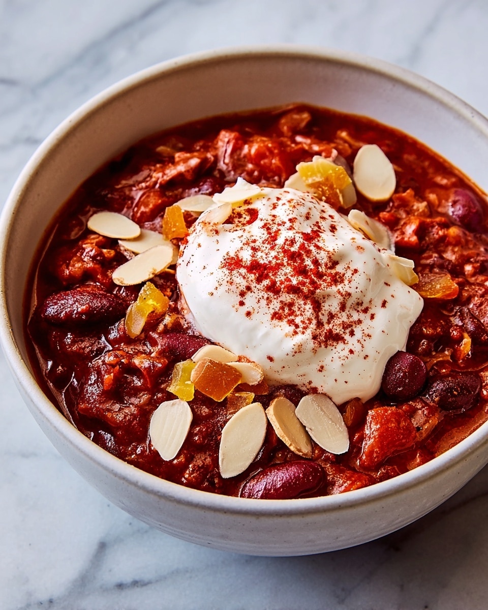 A white bowl filled with a thick, chunky red chili made from beans and pieces of meat, topped in the center with a dollop of creamy white sour cream sprinkled with red chili powder. Scattered around the sour cream are thin, light brown almond slices and small bright yellow dried apricot pieces. The bowl is placed on a white marbled surface. photo taken with an iphone --ar 4:5 --v 7