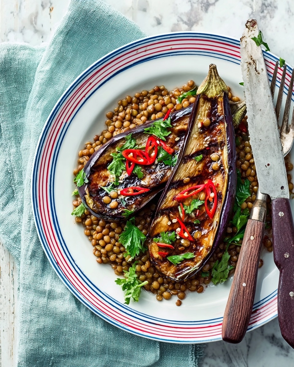 The image shows a white plate with a thin red and blue circle near the edge, placed on a white marbled surface. On the plate, there are two halves of grilled eggplants with dark brown, slightly charred skins and tender golden-brown flesh. Underneath and around the eggplants, there is a layer of light brown lentils. Bright green fresh herbs are sprinkled over the eggplants, along with thin slices of red chili peppers adding a pop of color. To the right side of the plate, a fork and knife with wooden handles rest on the plate, and a blue cloth napkin is placed nearby. photo taken with an iphone --ar 4:5 --v 7