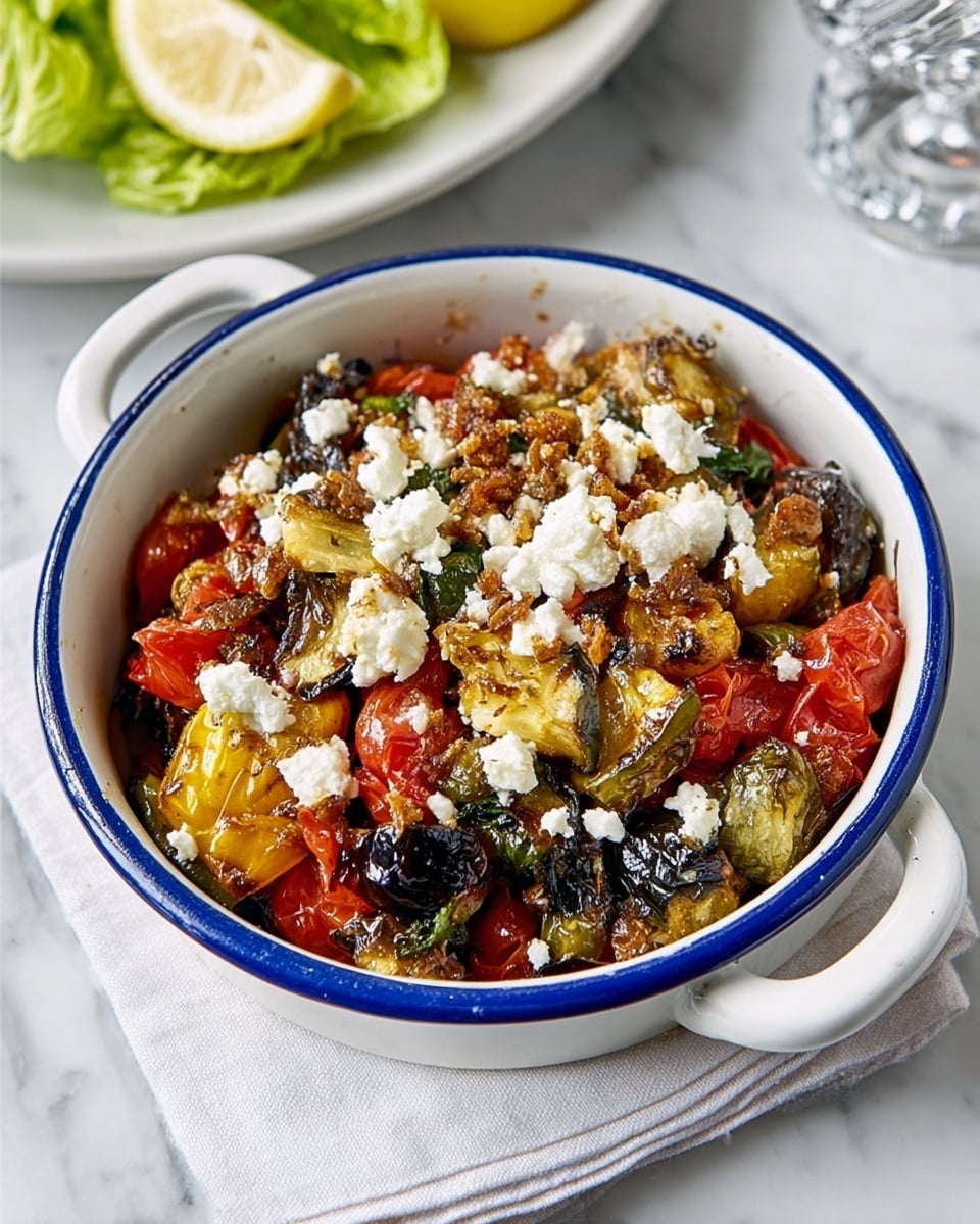 A white bowl with blue rim and handles is filled with a colorful mix of roasted vegetables and crumbled white cheese on top. The dish has about three main layers: a base of diced red tomatoes, followed by chunks of charred yellow and green vegetables with a slightly burnt texture, and topped with scattered white cheese pieces and small brown crispy bits. The bowl sits on a folded white cloth on a white marbled surface, with part of a white plate holding lettuce and lemon wedges visible in the background. Photo taken with an iphone --ar 4:5 --v 7