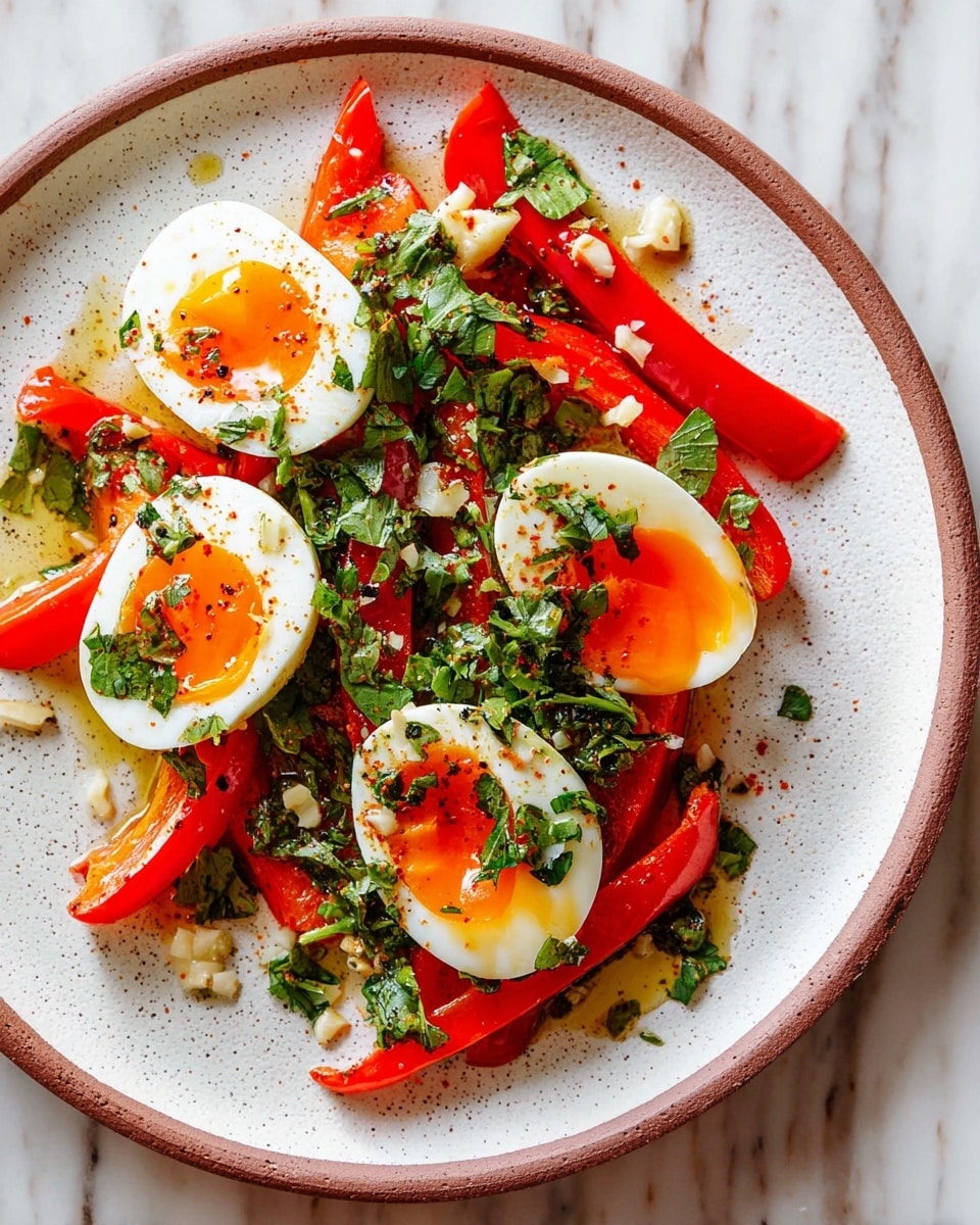 A round white plate holds a simple dish with about two layers; the bottom layer consists of bright red roasted pepper slices with a slightly charred texture, arranged loosely across the plate. The top layer features halves of soft-boiled eggs with firm, white edges and rich, golden yolks in the center. Fresh green herbs are sprinkled generously over the eggs and peppers, along with a drizzle of green herb sauce and small pieces of chopped garlic, adding texture and color contrast. The plate rests on a white marbled surface. Photo taken with an iphone --ar 4:5 --v 7
