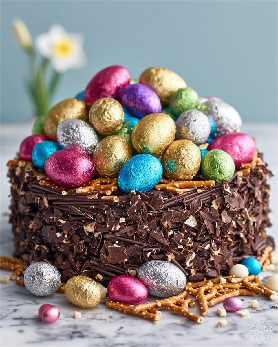 A round chocolate cake sits on a white marbled surface, covered on the sides with crunchy pretzel sticks creating a rough textured layer. The top of the cake is piled high with colorful shiny foil-wrapped eggs in gold, silver, pink, blue, and green, mixed with smooth speckled eggs in soft gray and beige tones. Around the base of the cake, more pretzel sticks and small foil eggs spread out loosely, giving a natural, nest-like look. The background is a soft blue with a blurred white flower in a vase, adding a fresh and light touch. Photo taken with an iphone --ar 4:5 --v 7