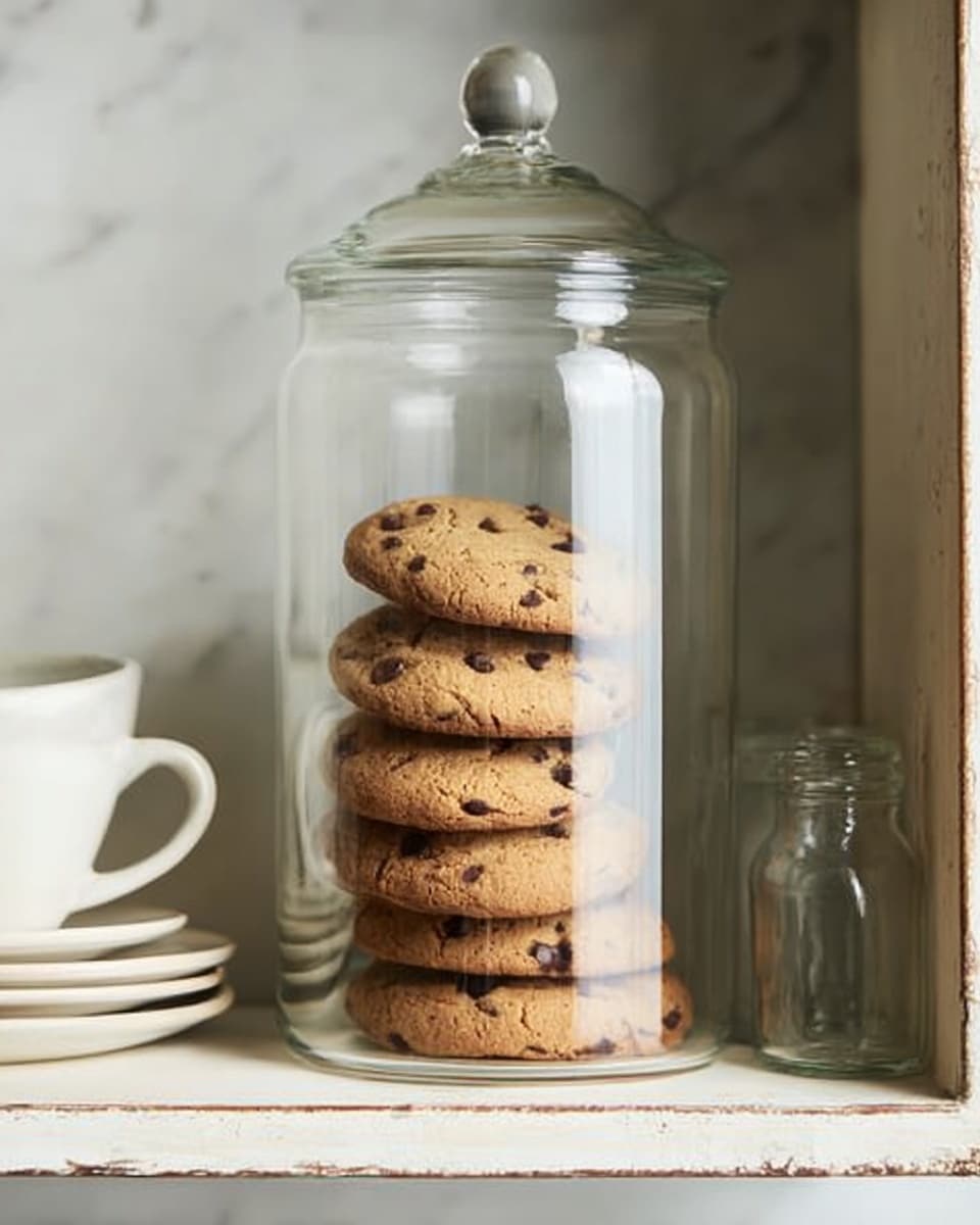 A clear glass jar filled with a stack of seven golden brown chocolate chip cookies, the cookies are round and slightly textured, showing visible dark chocolate chips. The jar has a smooth glass lid with a round knob on top and is placed in a white marbled textured cubby space of a shelf beside a white cup. photo taken with an iphone --ar 4:5 --v 7