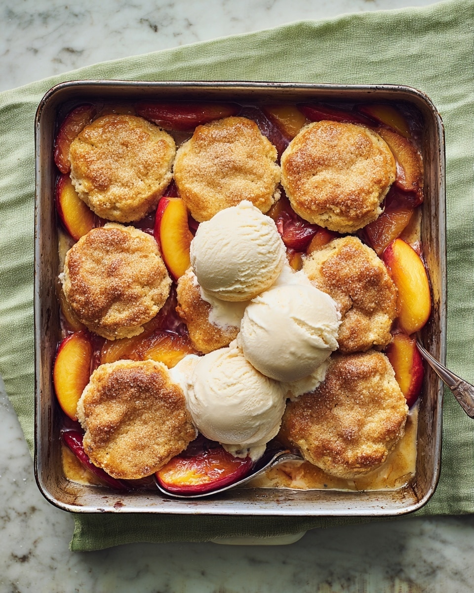 The image shows a metal baking pan filled with sliced red and orange peaches, roasted until soft and juicy at the bottom layer. On top, there are eight thick, round golden-brown biscuit pieces arranged unevenly, with a crumbly sugary texture on their tops. Two scoops of creamy vanilla ice cream sit melting gently on some biscuit pieces near the center and upper right, with the ice cream slightly dripping over the fruit and biscuits. The pan rests on a green cloth with a white marbled surface under it, and soft natural light brightens the scene. Photo taken with an iphone --ar 4:5 --v 7