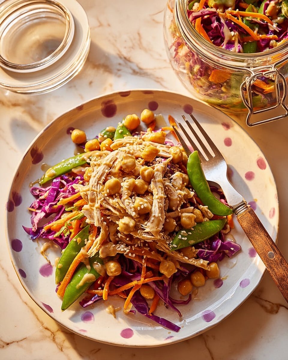 A white plate with light purple speckles holds a colorful salad made of several layers: shredded purple cabbage as the base, thin strips of orange carrot, bright green snap peas, and golden-brown roasted chickpeas scattered throughout. On top, shredded cooked chicken pieces are mixed in with a creamy beige dressing drizzled across the salad. Light sesame seeds are sprinkled all over for texture. A fork with a wooden handle lies on the plate, partially resting inside the salad. To the upper right, a glass jar with a metal clasp contains more of the same salad, showing layers of cabbage, snap peas, carrots, chickpeas, and chicken. The plate and jar are placed on a white marbled surface. Photo taken with an iphone --ar 4:5 --v 7