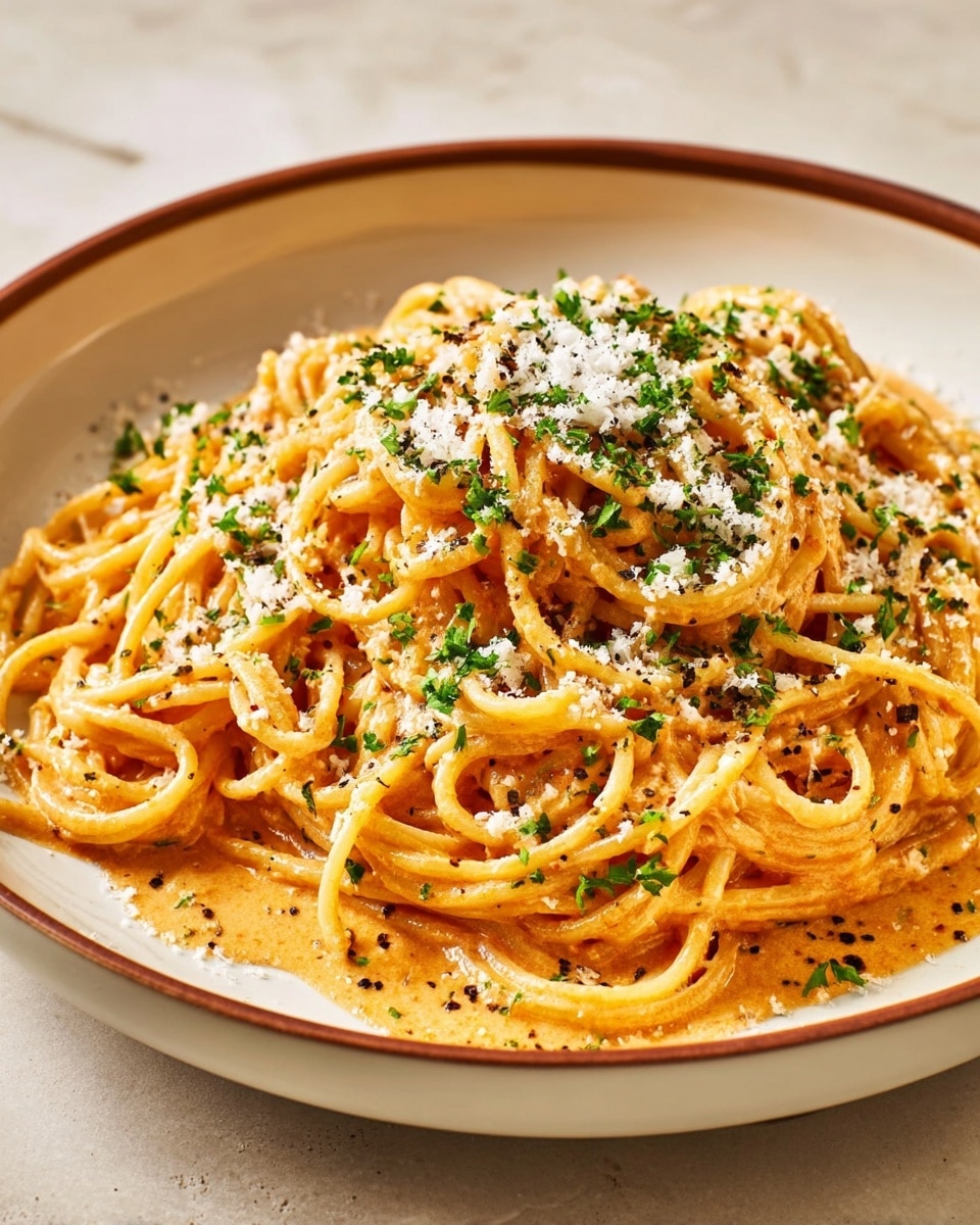 A large white plate filled with a tangled heap of creamy orange pasta strands mixed with a light sauce, sprinkled generously with finely chopped green herbs and small shreds of white cheese, creating speckles of green and white all over the top. The pasta looks soft and slightly glossy, with black pepper flakes scattered across the dish. The plate is set on a surface with a white marbled texture, giving a clean and fresh background feel. photo taken with an iphone --ar 4:5 --v 7