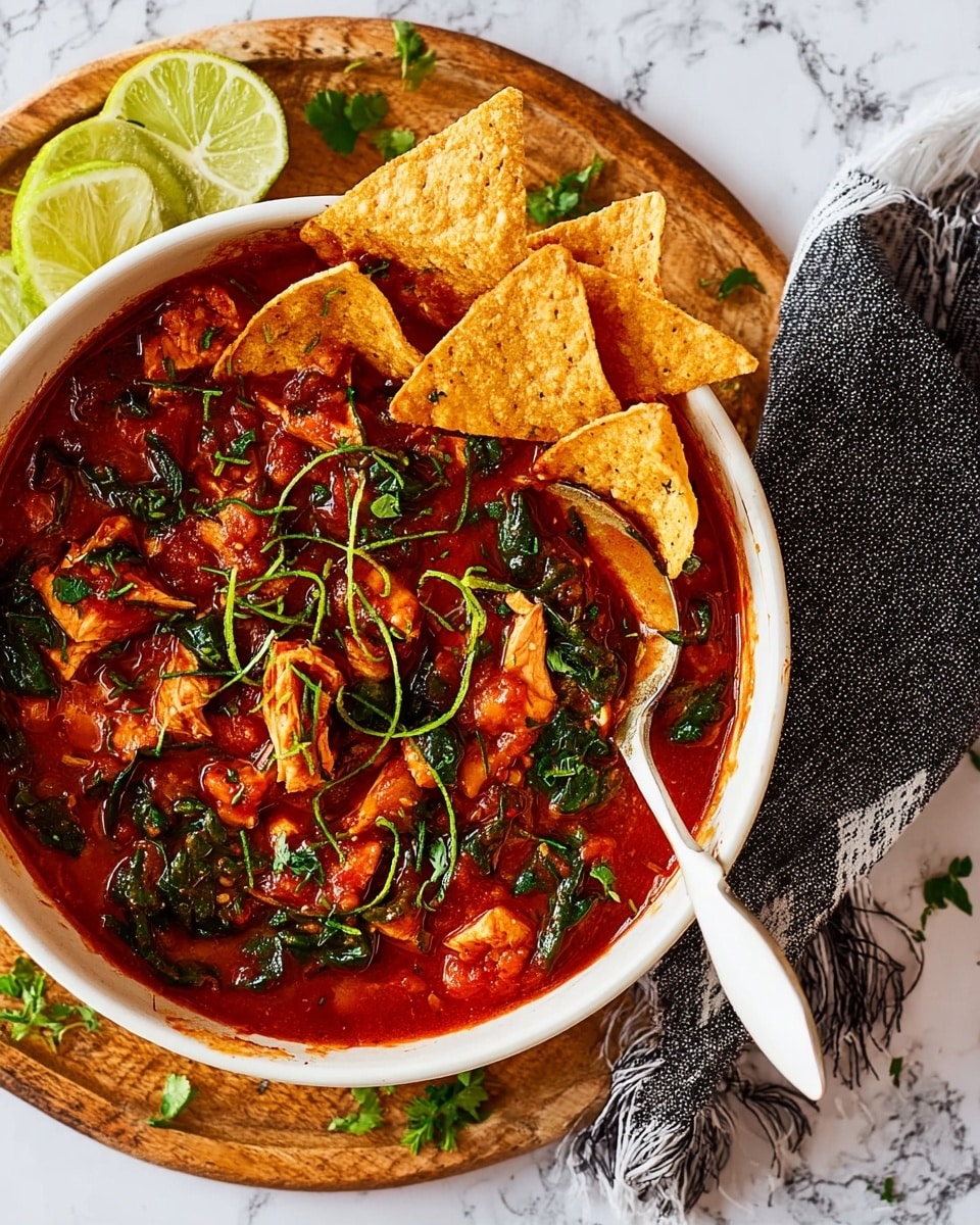 A large white bowl filled with a thick, rich red tomato-based stew containing pieces of cooked chicken and fresh dark green spinach leaves scattered throughout. The stew is garnished with chopped green herbs sprinkled over the top. On one side of the bowl, there are golden-brown crispy tortilla chips partially dipped into the stew. The bowl sits on a round wooden board on a white marbled surface, with extra tortilla chips and lime wedges arranged nearby, and a black and white patterned cloth is tucked under the bowl's rim. A white spoon rests inside the bowl on the right side. photo taken with an iphone --ar 4:5 --v 7