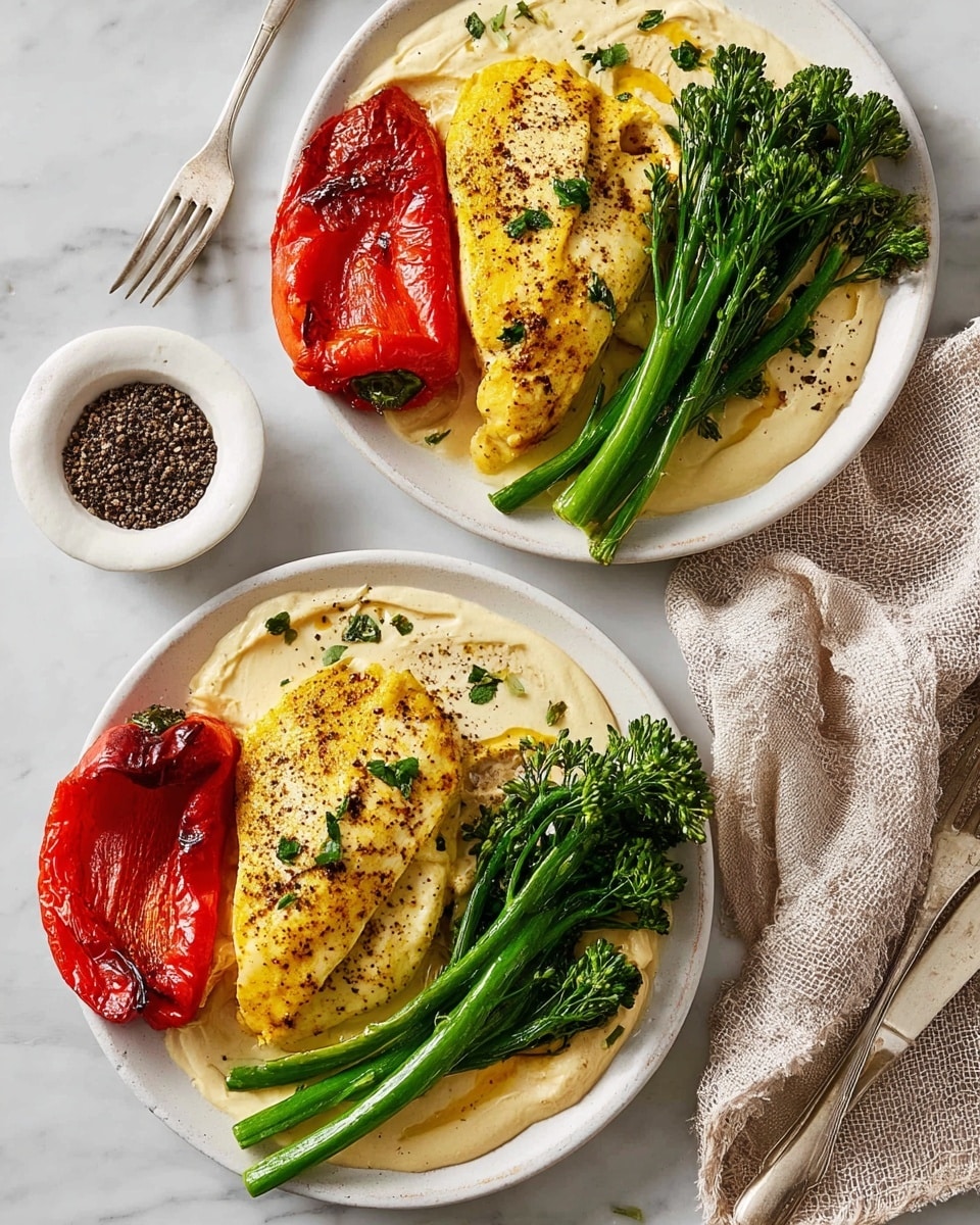 Two white plates sit on a white marbled surface. Each plate has three layers: a bottom layer of creamy beige sauce spread in a swirl, a middle layer of bright green broccolini with stalks facing inward, and a top layer of yellow grilled chicken pieces seasoned with black pepper and herbs beside roasted red pepper halves with charred edges. A small bowl filled with crushed black pepper sits near a silver fork on the surface. A beige cloth napkin is partially visible next to the top plate. Photo taken with an iphone --ar 4:5 --v 7