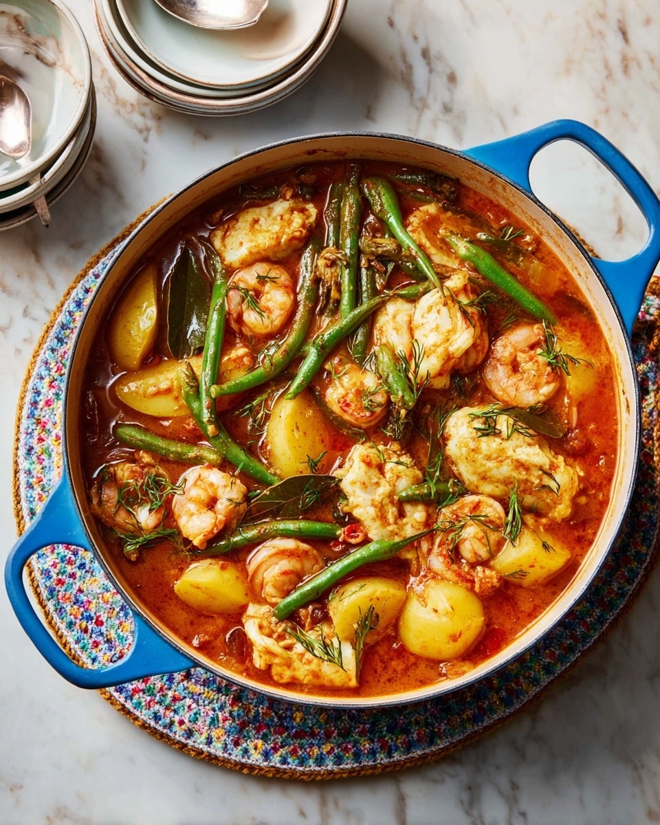 A blue pot filled with a rich seafood stew sits on a colorful, patterned round mat over a white marbled surface. The stew has a reddish-orange broth with visible chunks of white fish and numerous pink shrimp scattered throughout. Bright green beans are placed evenly over the stew, adding fresh green color. There are also slices of yellow potatoes and some bay leaves mixed in. Fresh green herbs are sprinkled on top, giving the dish a vibrant and fresh look. To the side, there are two stacked white bowls with spoons inside. photo taken with an iphone --ar 4:5 --v 7