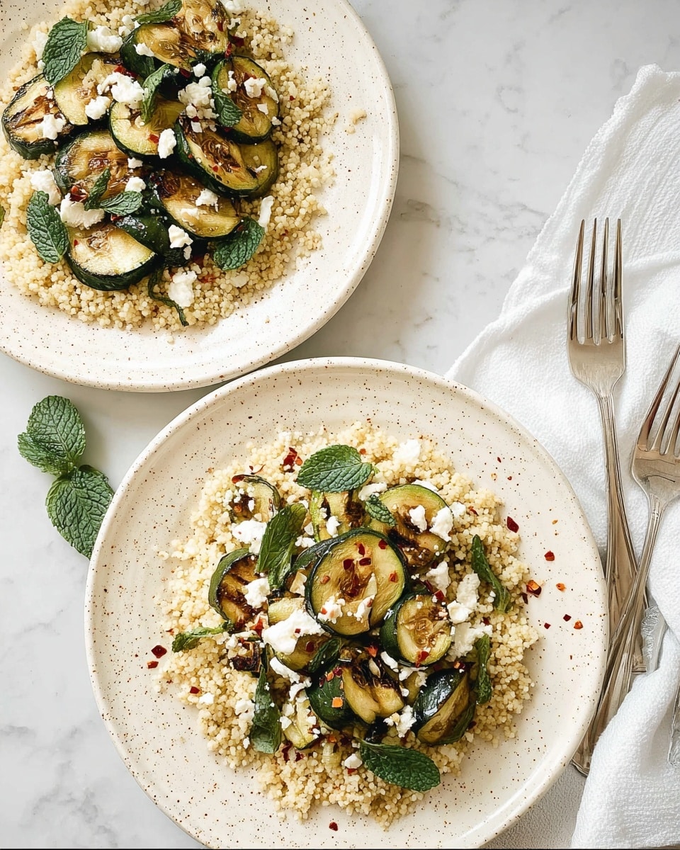 Two white speckled plates sit on a white marbled surface, each holding a dish with two main layers. The bottom layer is a bed of small, light-colored couscous grains scattered evenly across the plate. On top, there is a mix of grilled zucchini slices with golden brown grill marks and green skin, fresh mint leaves, and crumbled white cheese pieces sprinkled throughout. Small red chili pieces add a touch of bright color scattered on top. Two silver forks and a knife are placed beside the plates, with a white and light blue cloth napkin partly visible in the lower right corner. photo taken with an iphone --ar 4:5 --v 7