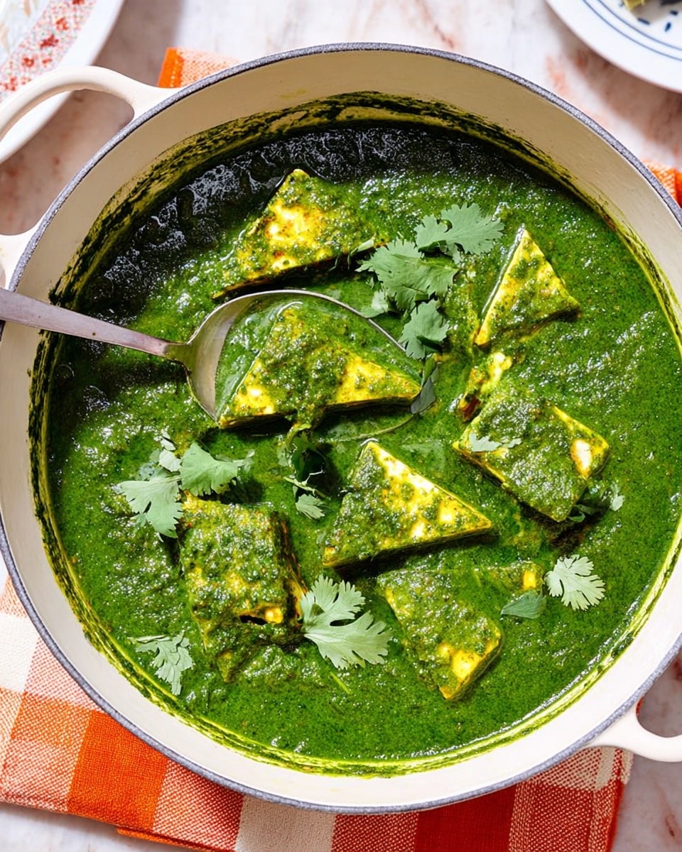 A white pot filled with a thick, smooth, bright green spinach sauce covers the bottom and sides, with shallow depth showing triangular pieces of golden-yellow paneer evenly placed inside the sauce. On top of the paneer pieces, fresh bright green coriander leaves are scattered. A silver spoon rests inside the pot on the right side, partially submerged in the sauce. The pot is set on a white marbled surface, with an orange and white checkered cloth visible underneath the handles. A glass of water is placed near the top left corner of the frame. Photo taken with an iphone --ar 4:5 --v 7