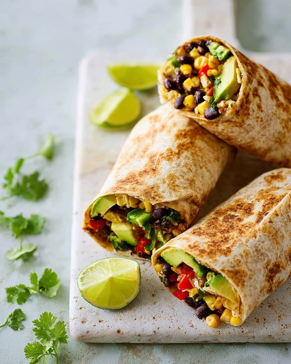 The image shows two cut halves of a burrito stacked on top of each other, revealing colorful inside layers. The layers include diced green avocado, black beans, yellow corn kernels, red bell pepper pieces, cooked brown rice, and fresh green cilantro leaves. These fillings are wrapped in a light brown, toasted tortilla. Next to the cut burritos, there is one whole wrapped burrito. The burritos are placed on a white cutting board with two lime wedges and some cilantro sprigs scattered around. The background is a white marbled texture. photo taken with an iphone --ar 4:5 --v 7