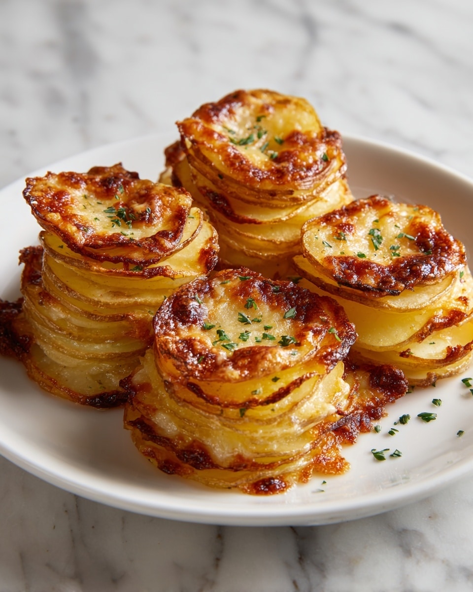 The image shows several small stacks of thinly sliced potatoes arranged in tight spirals, each about five to six layers high, with a golden brown crispy texture and baked cheese melted around the base forming an orange crust. The potato stacks have a seasoned look with visible black pepper and small bits of green herbs sprinkled on top, placed on a parchment paper-lined flat surface with a light white marbled texture. The lighting highlights the crispy edges and soft interior of the potato layers, making them look warm and fresh. photo taken with an iphone --ar 4:5 --v 7