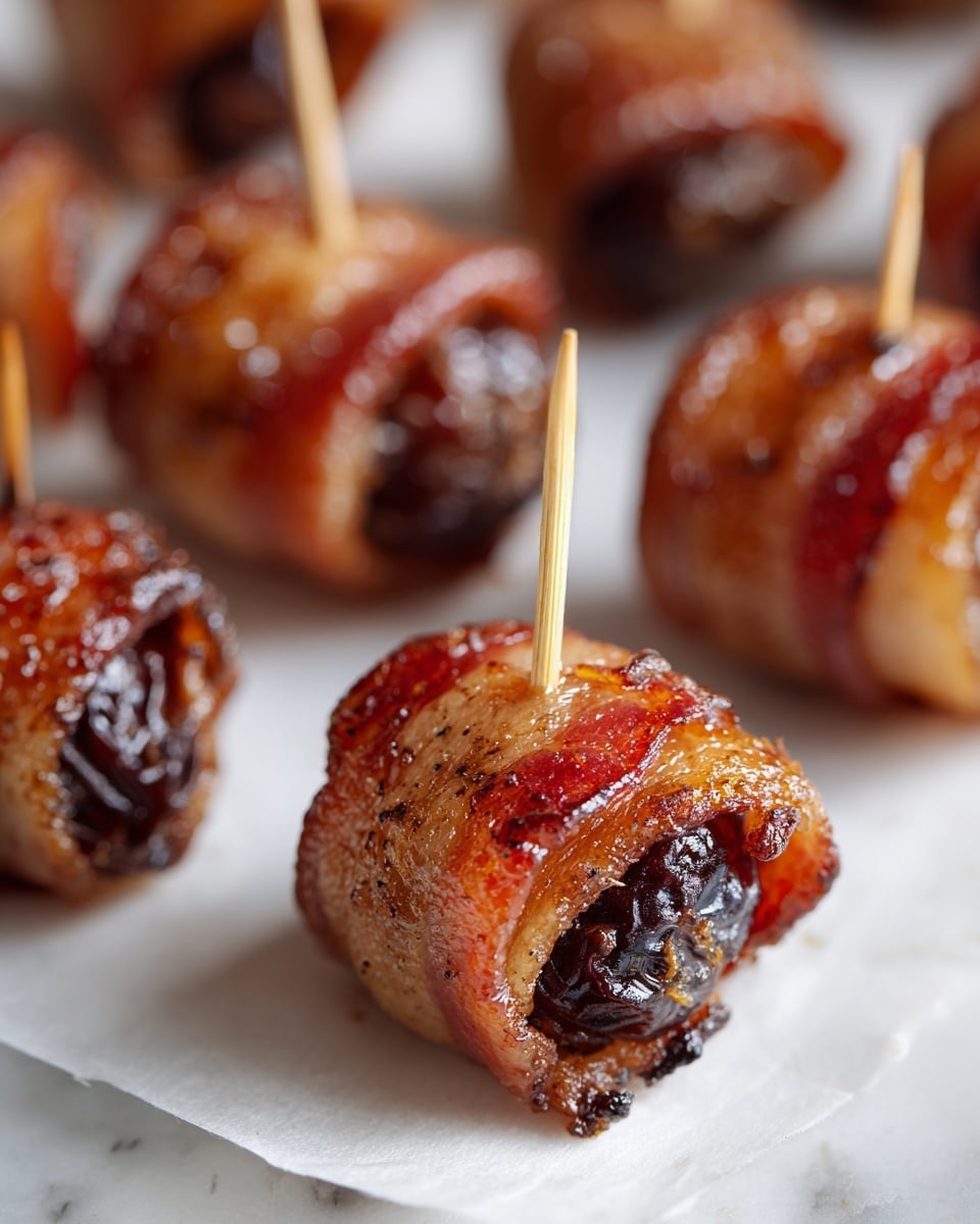 Small, bite-sized appetizers made of dark, glossy dates wrapped tightly in crispy, golden-brown bacon slices. Each piece is secured with a small wooden toothpick standing upright in the center. The bacon is cooked to a slightly crispy texture with some reddish seasoning sprinkled on top. These appetizers are aligned in rows on a white marbled surface covered with a white parchment paper. Photo taken with an iphone --ar 4:5 --v 7