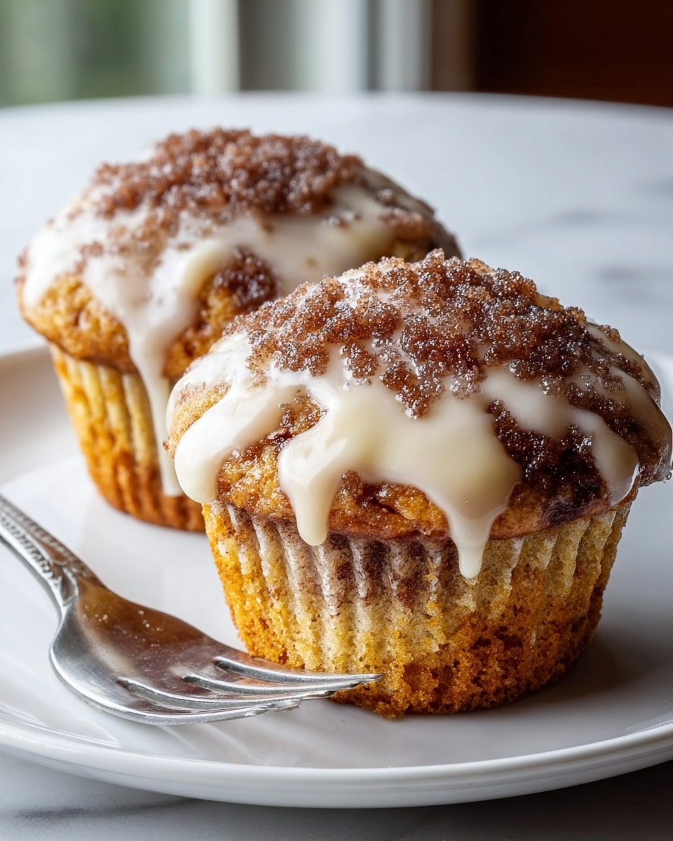 Two cinnamon crumb muffins sit on a white plate with a silver fork next to them. Each muffin has a golden-brown base with a rough, crumbly texture, topped with a thick layer of white glaze that drips down the sides, and sprinkled with dark brown crunchy cinnamon sugar bits. The background shows a window with soft natural light, and the plate is placed on a white marbled surface. photo taken with an iphone --ar 4:5 --v 7