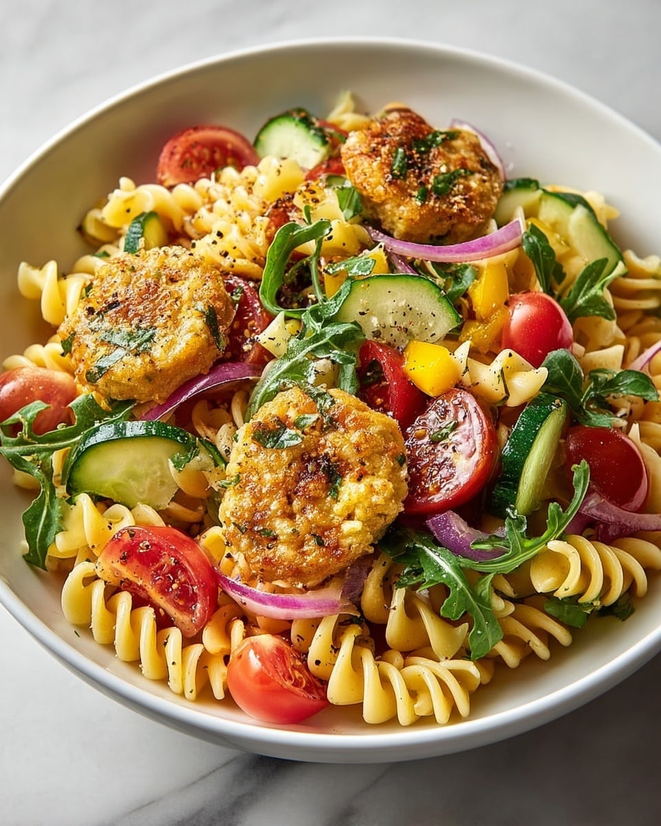 A white bowl filled with three layers of food is shown from above. The bottom layer is cream-colored rotini pasta with a smooth texture, twisted in shape and spread evenly. The middle layer has bright yellow diced bell peppers, shiny red cherry tomato halves, thin cucumber slices with dark green edges and light green centers, and thin rings of purple-red onion, all mixed evenly. The top layer features small green arugula leaves and round, golden-yellow crispy fritters, scattered on top, with a light sprinkling of black pepper and herbs. The bowl sits on a white marbled surface. photo taken with an iphone --ar 4:5 --v 7