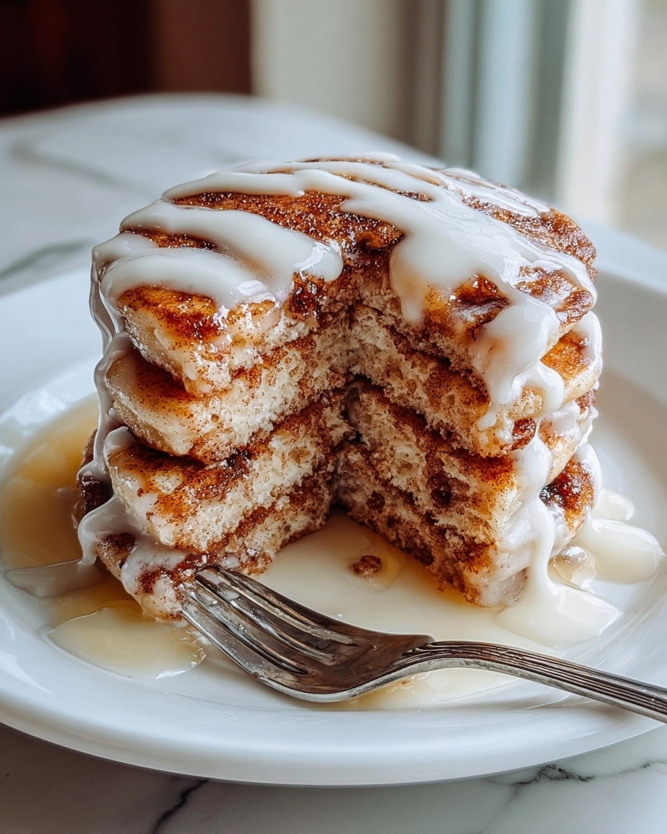 A stack of three thick, golden brown pancakes sits on a white plate, with the top pancake cut partially to show its soft, fluffy texture inside. Each pancake layer has a swirl of cinnamon or brown sugar throughout, creating dark, rich patches against the light beige batter. White icing is drizzled generously over the top and sides, pooling a little on the plate. A silver fork rests beside the stack, slightly angled inwards. The background shows a soft, out-of-focus window light with a white marbled texture surface under the plate. Photo taken with an iphone --ar 4:5 --v 7