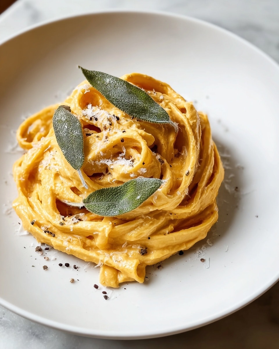 A white plate holds a neat pile of creamy orange pasta noodles, about two layers thick, with a smooth, thick sauce coating each strand. On top, two dark green sage leaves rest gently, sprinkled with coarse white salt and black pepper specks, adding texture. The noodles look soft and slightly glossy, arranged in a circular mound in the center of the plate. The scene is set against a white marbled texture surface. Photo taken with an iphone --ar 4:5 --v 7