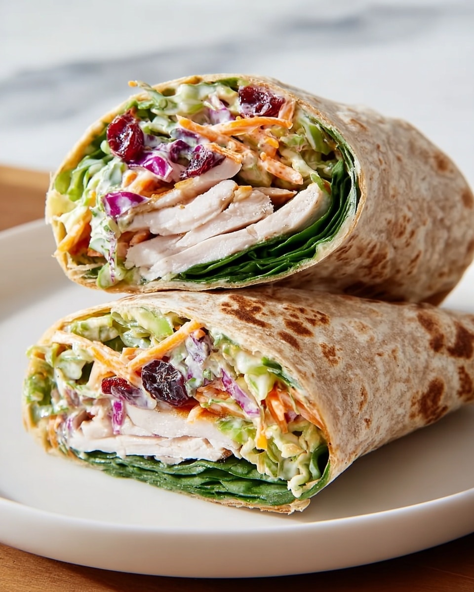 The image shows two halves of a wrap placed on a white plate, set on a white marbled surface. Each wrap is made with a light brown, soft tortilla. Inside, the bottom layer is dark green leafy spinach, followed by slices of white turkey meat with a slight pinkish hue and light specks of black pepper. On top of the turkey is a colorful mix of shredded vegetables including bright purple cabbage, orange carrot strips, and pale green cabbage, mixed with some red dried cranberries and coated lightly with a creamy white sauce. The wrap is neatly cut, showing the colorful, fresh filling in clear layers. Photo taken with an iphone --ar 4:5 --v 7