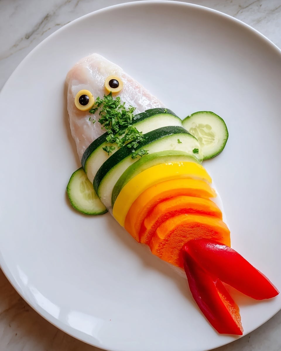 A white fillet of fish shaped like a fish is laid on a white plate with a white marbled texture background. Two round cucumber slices are placed near the fish's head, with two small, dark olive rings acting as eyes. The fish fillet is topped with chopped green herbs near the head. Over the body, there are five layered vegetable strips: two bright orange carrot slices on top, followed by one red bell pepper strip, a yellow bell pepper strip beneath it, and two thin green zucchini strips at the bottom. The fish and vegetables are arranged lengthwise, creating a colorful, vibrant layered look. Photo taken with an iphone --ar 4:5 --v 7