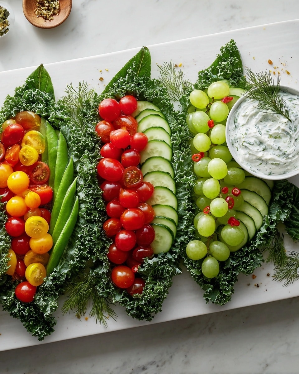 A long white rectangular plate on a white marbled surface holds a colorful vegetable display shaped like three fish side by side. Each fish has a base layer of green leaves with pointed tips forming the fish shape outline, topped with dark green curly kale creating a ruffled texture along the edges. Inside the fish bodies, there is a row of thin cucumber slices with a pale green center and darker green rim near the top, followed by a layer of sugar snap peas beneath the cucumbers. The central part of the fish is filled with clusters of bright red and yellow cherry tomatoes on the left and right fish, while the middle fish has a pile of light green grapes. On the right side of the plate, a small white bowl filled with creamy white dip speckled with green herbs and topped with a dill sprig rests partly on the fish tail. Tiny red and golden round pepper pieces are scattered lightly among the kale. The photo taken with an iphone --ar 4:5 --v 7