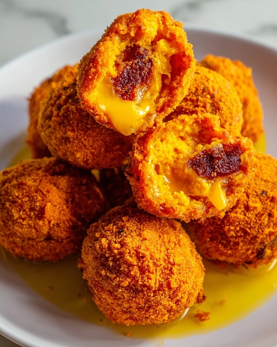A close-up view of a stack of golden-orange crispy fried balls on a white plate, one of which is split open to show a soft, gooey bright yellow center mixed with darker caramelized spots, revealing a crunchy, textured outer layer with uneven ridges and small crumbly bits, with small drops of golden oil pooling around the base of the stack on a white marbled surface. photo taken with an iphone --ar 4:5 --v 7