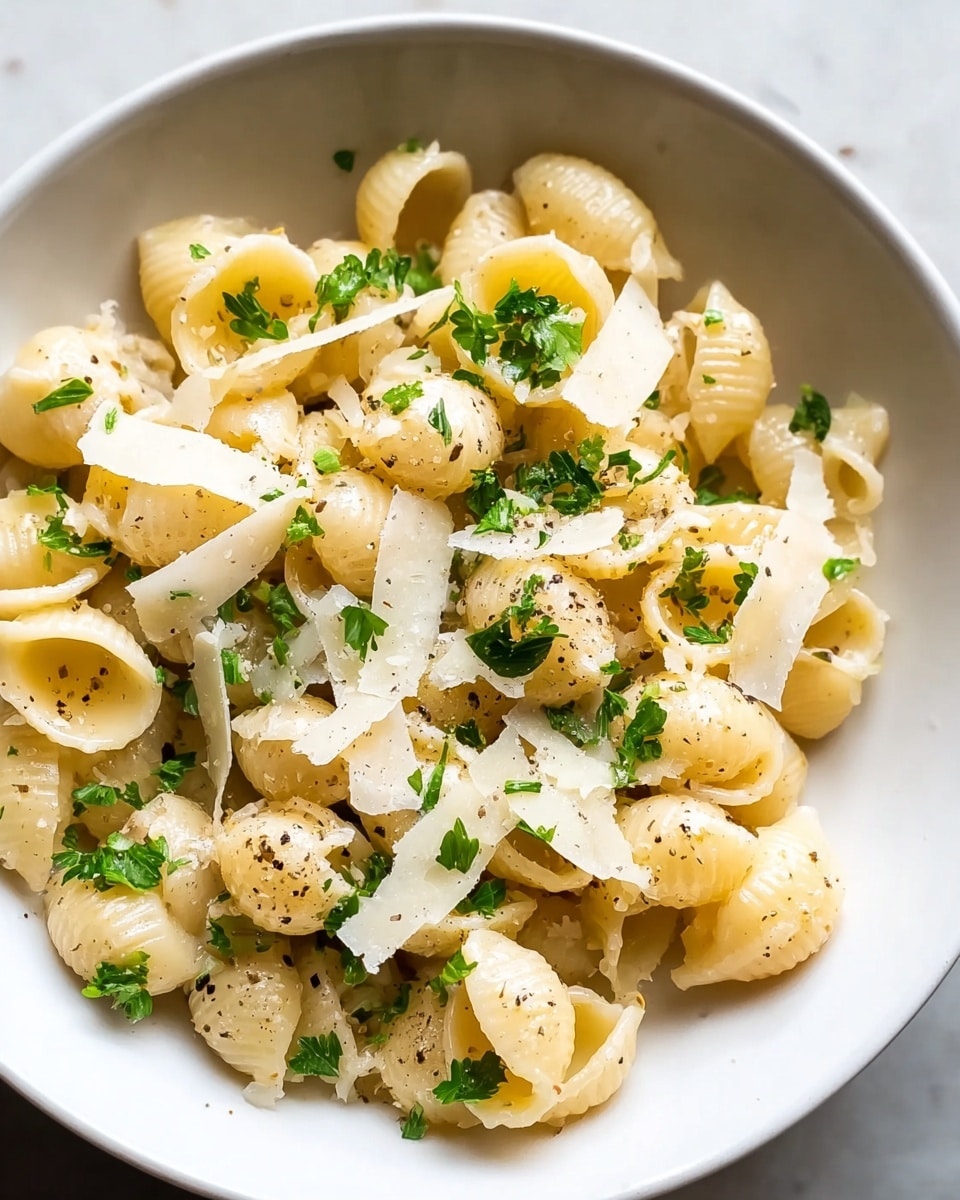 The image shows a close-up of a white plate filled with one layer of small shell-shaped pasta coated in a light, creamy sauce. The pasta is sprinkled with finely grated cheese, black pepper, and scattered fresh green parsley leaves, adding pops of color and texture. The white marbled surface below the plate creates a simple and clean background. Photo taken with an iphone --ar 4:5 --v 7
