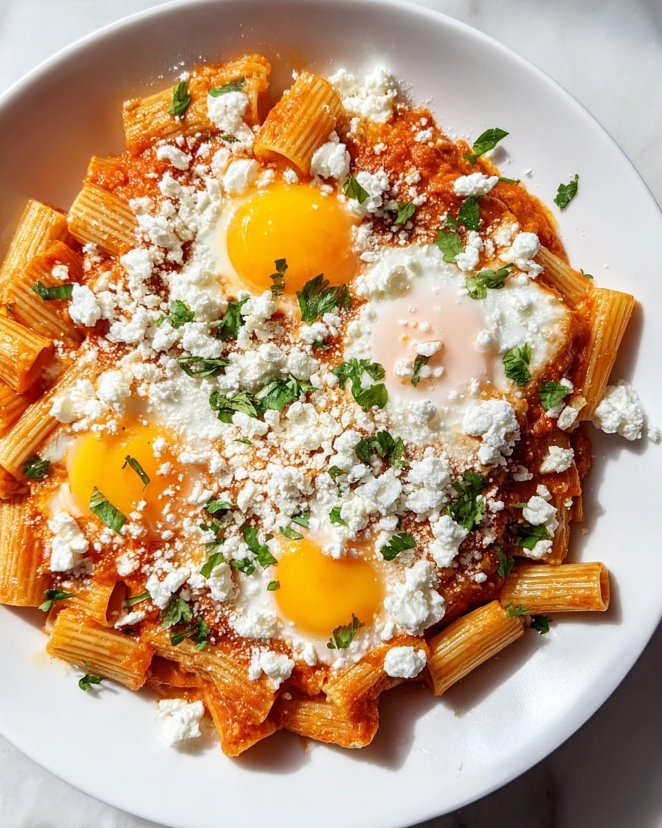The dish is served on a white plate and features a base layer of rigatoni pasta coated in a thick, bright orange-red tomato sauce. On top of the pasta, there are three cooked eggs with bright yellow yolks and white, slightly runny egg whites spread evenly around the plate. Scattered over the eggs and pasta are crumbles of white feta cheese, adding a crumbly texture. Small pieces of fresh green parsley are sprinkled over the entire dish, giving a fresh contrast to the warm colors below. The plate rests on a white marbled surface. photo taken with an iphone --ar 4:5 --v 7