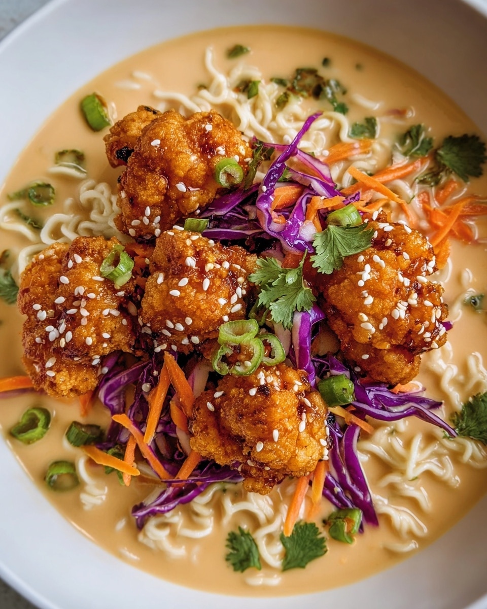 A white bowl filled with creamy light tan soup as the base layer, with wavy cooked noodles partially submerged within it. On top, there are several pieces of orange-glazed crispy cauliflower, sprinkled with white sesame seeds, forming the main focus in the center. Bright purple shredded cabbage and thin, long orange carrot strips are mixed around the cauliflower, along with scattered green onion slices and cilantro leaves. The colors create a vibrant contrast against the light soup and white bowl. photo taken with an iphone --ar 4:5 --v 7