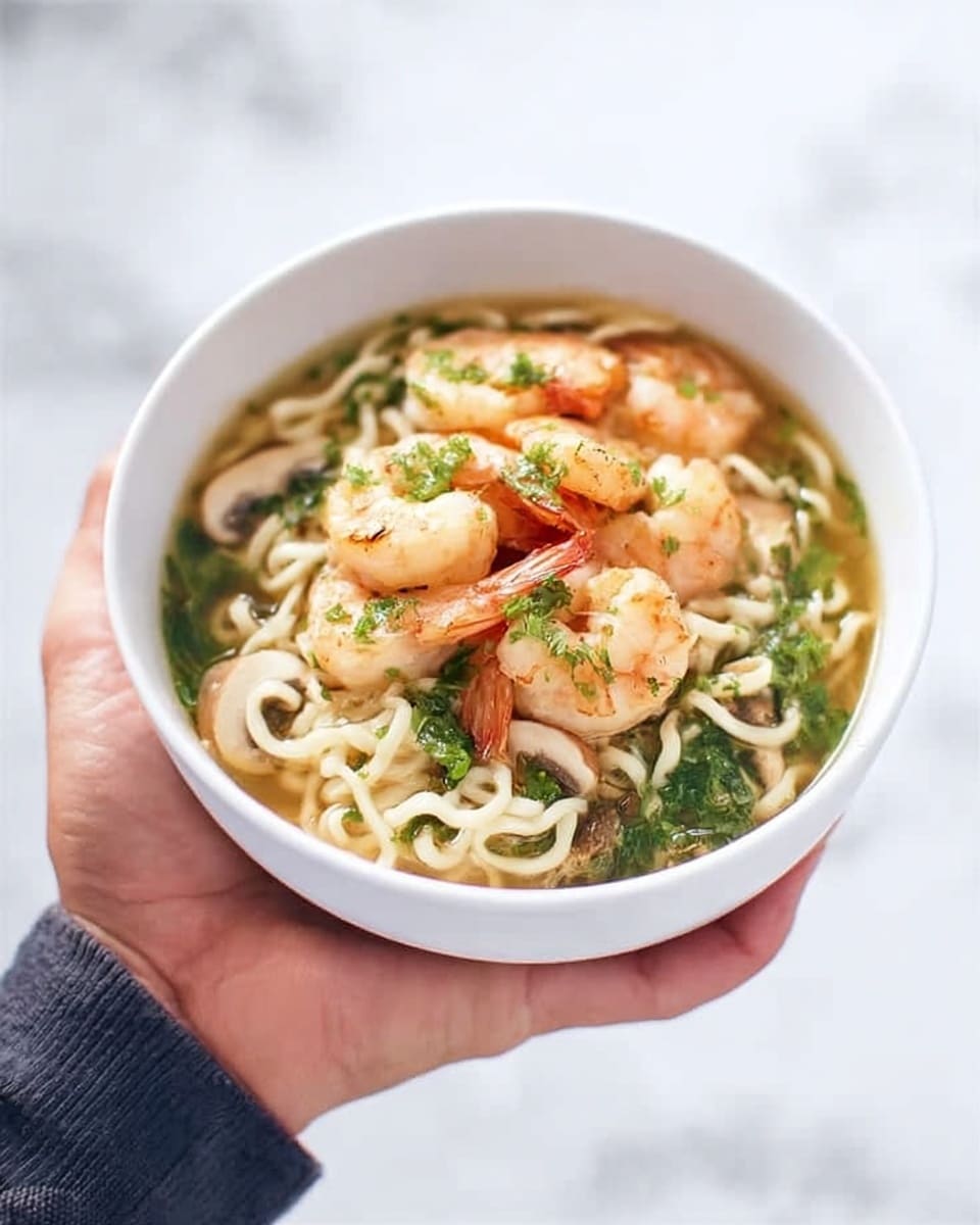 A close-up view of a white bowl filled with shrimp noodle soup held by a woman's hand. The soup has three clear layers: the top layer shows pinkish-orange shrimp and small green herbs, the middle layer is light broth with thin noodles, and the bottom part has green vegetable bits visible through the broth. The bowl is smooth and plain, and the background is a white marbled texture. The photo taken with an iphone --ar 4:5 --v 7