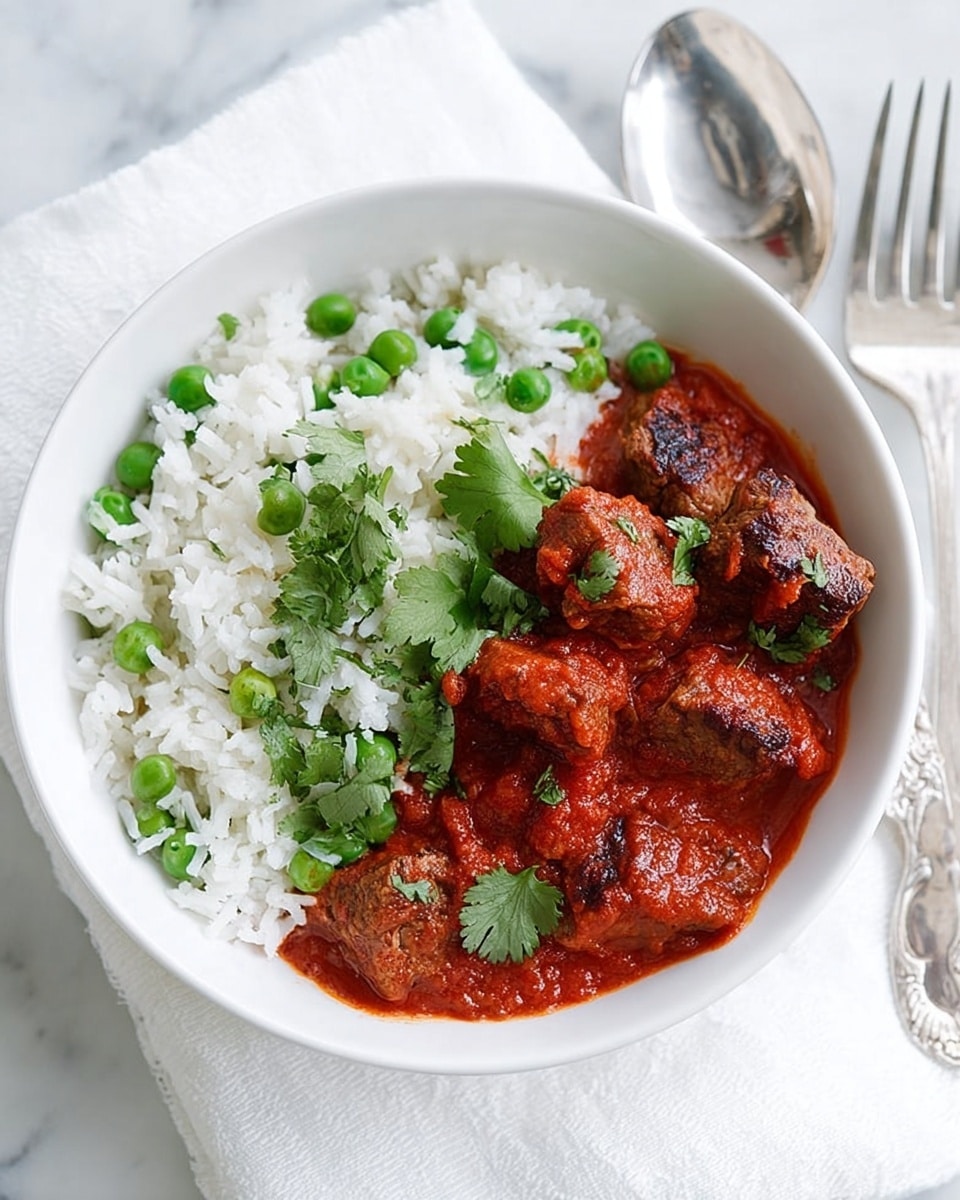 A white bowl on a white marbled surface holds a dish with two main parts: on the right, a layer of white rice mixed evenly with green peas, fluffy and soft in texture; on the left, four thick, dark brown pieces of meat covered in a rich, deep red tomato sauce with a smooth, slightly chunky texture. Small green cilantro leaves are placed on top of the meat for garnish. A spoon and fork rest next to the bowl on the white marbled surface. Photo taken with an iphone --ar 4:5 --v 7