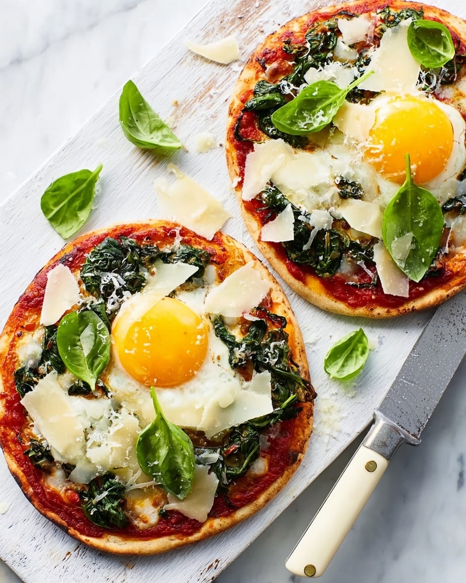 Two small oval pizzas sit on a white cutting board over a white marbled surface. Each pizza has a thin golden crust topped with a layer of red tomato sauce, melted white cheese, dark green cooked spinach, and fresh bright green basil leaves. One pizza has a whole cooked egg with a bright yellow yolk in the center. Both pizzas have thin pale yellow cheese shavings scattered on top. A silver knife rests on the board near the pizzas. Photo taken with an iphone --ar 4:5 --v 7