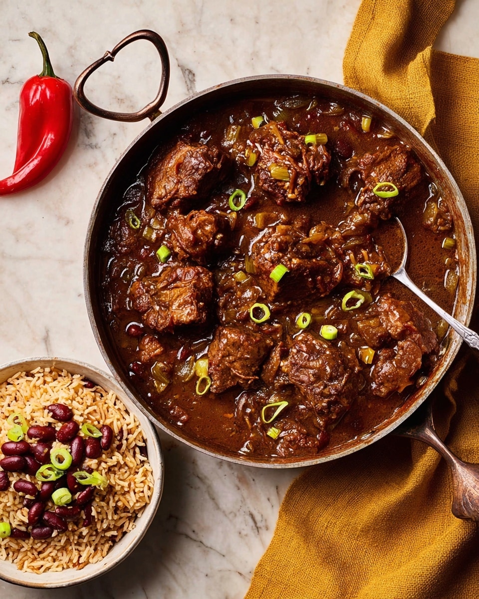 A deep black pan with two side handles holds a dark brown stew filled with six large pieces of tender meat, floating in a rich, thick sauce. Bright green scallion pieces and one whole red pepper add pops of color to the stew. Next to the pan, a white bowl filled with a three-layer dish shows a base layer of light brown rice with red kidney beans scattered throughout, topped with the same dark brown sauce and meat pieces, garnished with green scallion stalks. A silver ladle rests in the pan, and a mustard yellow cloth lies nearby on a white marbled surface. Photo taken with an iphone --ar 4:5 --v 7