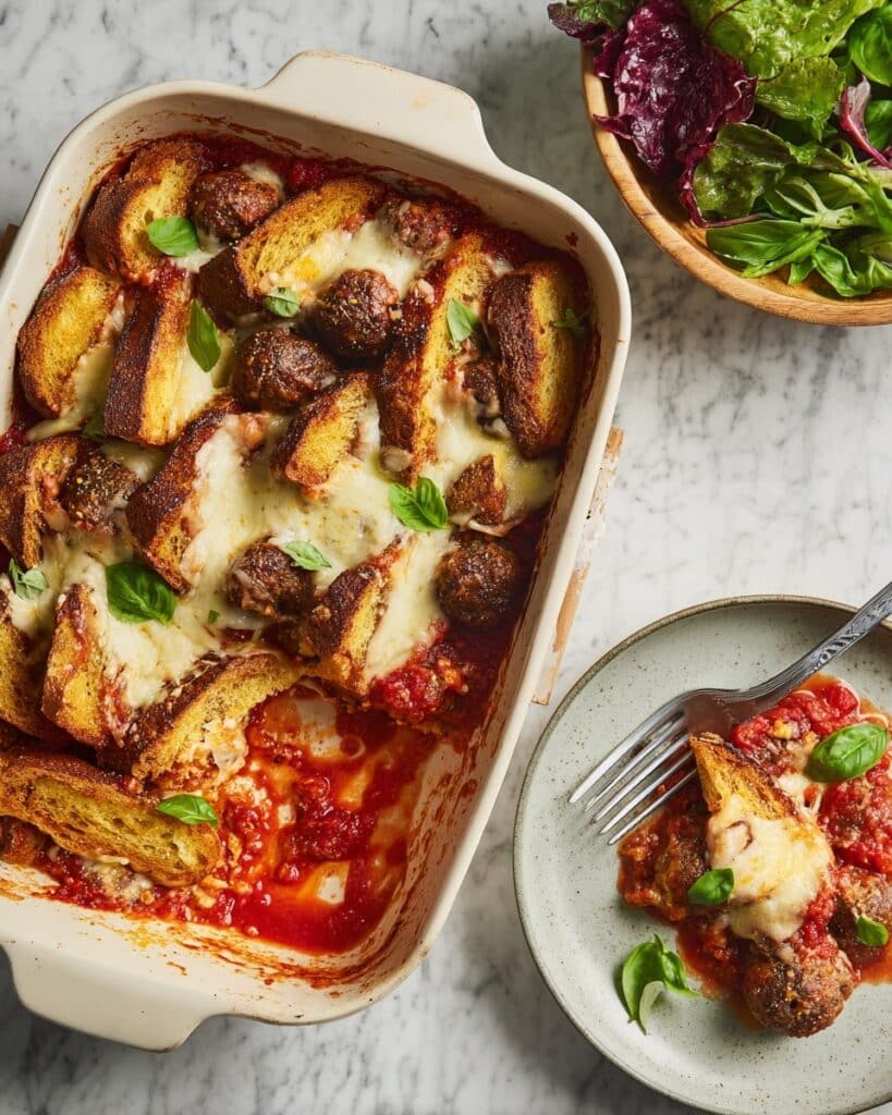 Meatballs with Tomato Sauce, Garlic Bread, and Baked Mozzarella Recipe