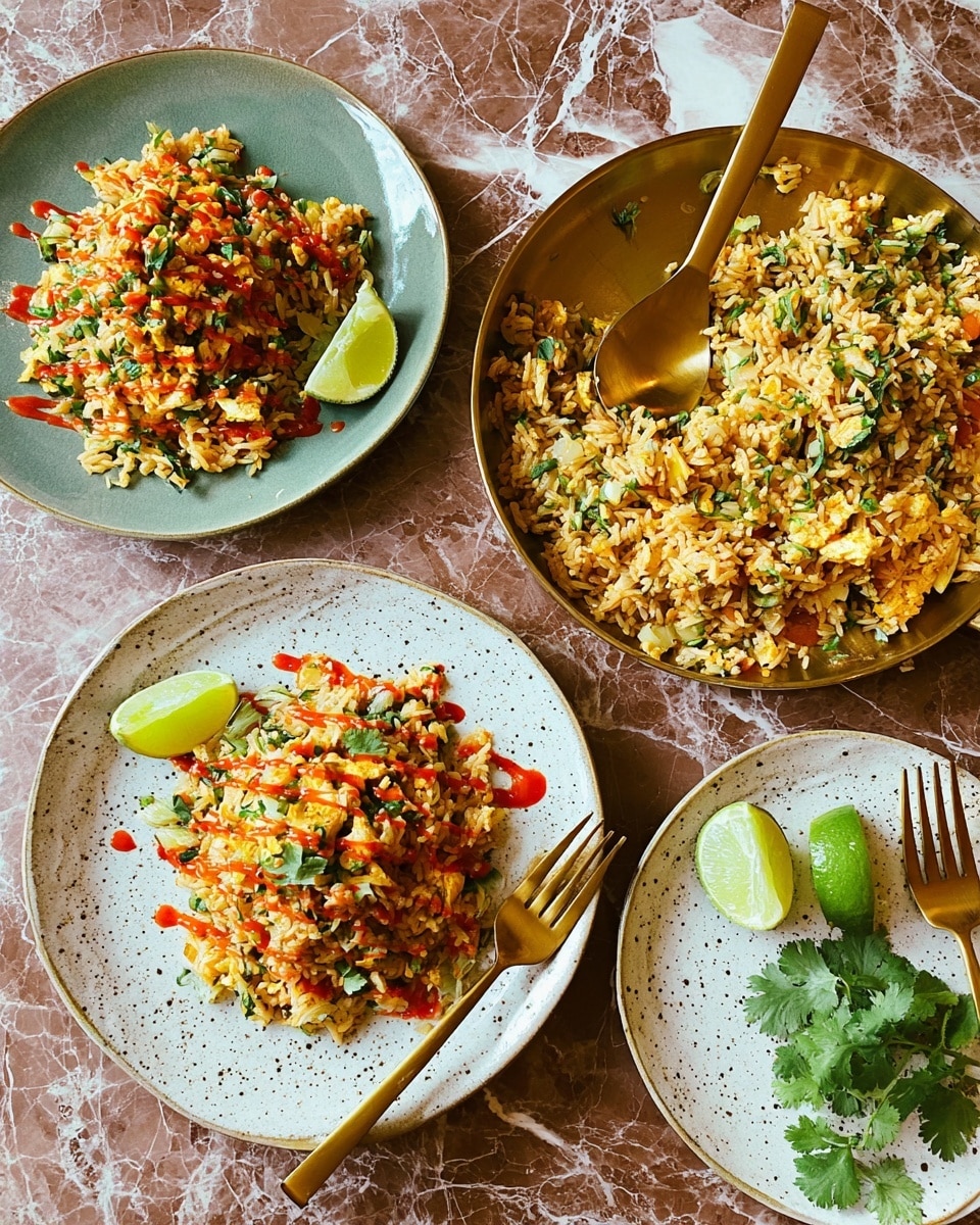 The image shows two white plates filled with a layered dish of fried rice mixed with scrambled eggs, garnished with chopped green herbs and drizzled with a red sauce. Each plate has a lime wedge placed on the side. Nearby, a large white pan contains more of the fried rice mixture, with visible pieces of green herbs on top. A gold fork and knife are placed to the left of the lower plate. To the right, a small white plate holds two lime halves and a small bunch of green herbs. The setting is on a white marbled surface. photo taken with an iphone --ar 4:5 --v 7