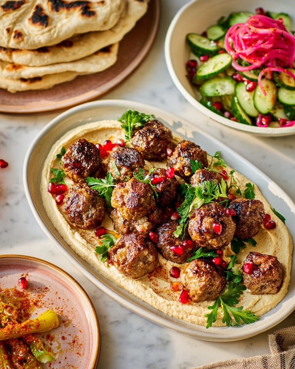The dish shows an oval white plate filled with a thick base layer of creamy beige hummus, spread evenly with soft, smooth texture and slight dips. On top, there are about a dozen small, oval-shaped, browned meat koftas with visible chunks of nuts or vegetables, placed closely together forming a loose pile in the center. Bright red pomegranate seeds and fresh flat green parsley leaves are scattered over the koftas and hummus, adding spots of color and freshness. To the side on a white marbled surface, there is a large piece of light golden-brown naan bread with a slightly toasted top, and a round white bowl filled with a fresh cucumber and pickled red onion salad, mixed with more parsley and a light dressing. The overall setting is warm and inviting with natural light. Photo taken with an iphone --ar 4:5 --v 7