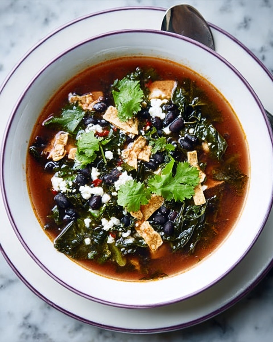 The dish is a bowl of dark broth filled with several layers of ingredients. The bottom layer is a rich, dark brown liquid. On top, there are bright green leafy vegetables, scattered black beans, and pieces of light brown cooked chicken. White crumbly cheese is sprinkled over the dish, adding texture and contrast. Fresh green cilantro leaves sit on the surface as the final layer. The bowl is white with a purple striped rim, placed on a white marbled surface, with a silver spoon next to it. photo taken with an iphone --ar 4:5 --v 7