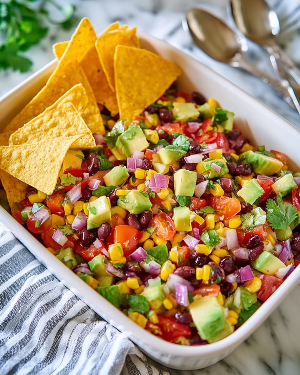 A white rectangular bowl filled with a colorful mix of diced ingredients including green bell peppers, red tomatoes, yellow corn, black beans, red onions, and chunks of green avocado, all mixed evenly. Three yellow tortilla chips are placed inside the bowl on one side, slightly tilted and resting on the fresh vegetable mix. The bowl sits on a wooden surface covered with a striped cloth in shades of blue, white, red, and yellow, with a silver fork and spoon lying beside it. The background shows a white marbled texture. photo taken with an iphone --ar 4:5 --v 7