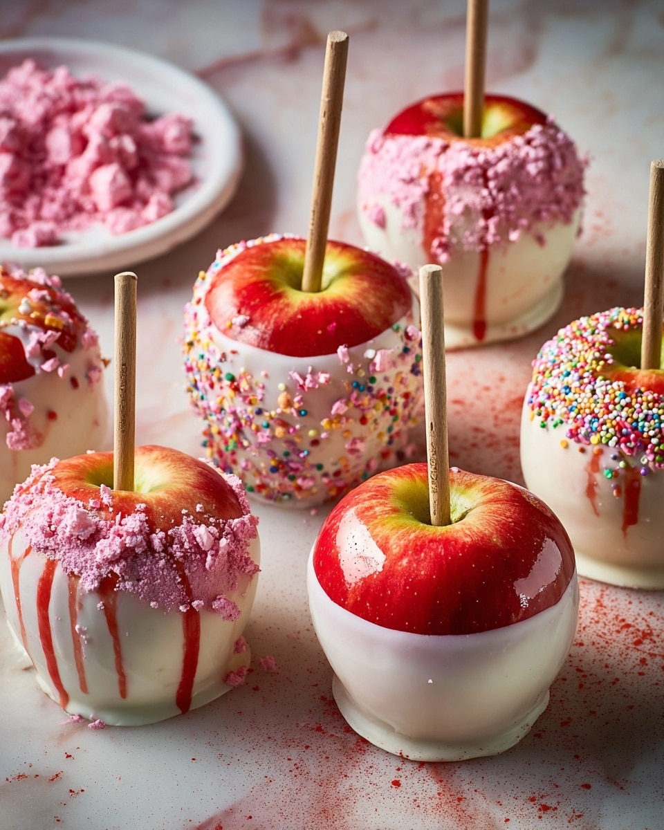 The image shows seven shiny apples each covered in a smooth white candy coating varying in detail and color at the base and sides. Each apple is pierced at the top with a wooden stick. Some dip into crushed pink powdery candy that forms a rough textured pink base while others have sprinkles in pink, yellow, orange, and green decorating the bottom half. One apple is coated with a red powder creating a rough red edge near the base, and another apple has red candy drizzle lines on the smooth candy coating. All apples are placed on a surface with a white marbled texture with a white plate holding some crushed pink candy powder visible in the top left. photo taken with an iphone --ar 4:5 --v 7