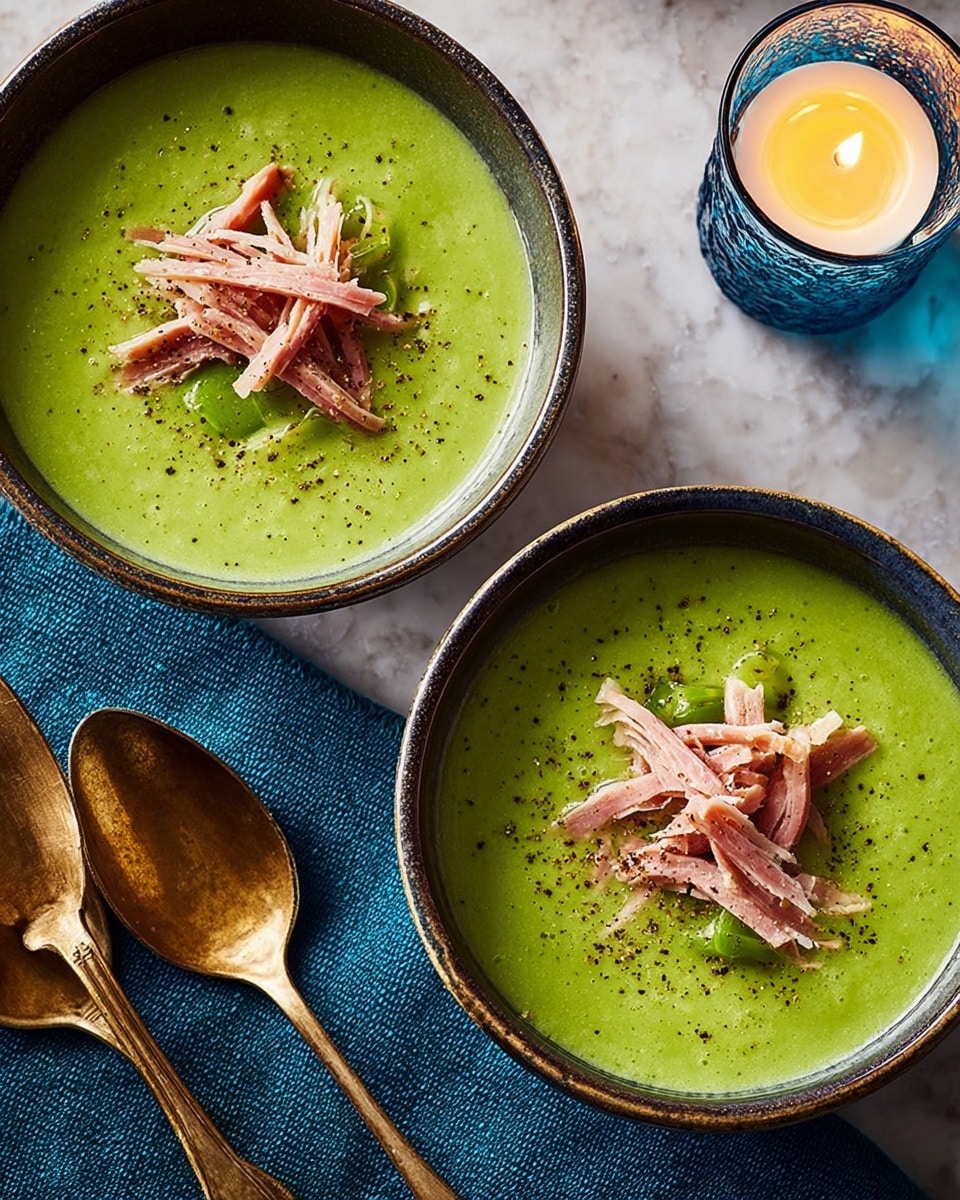 Two bowls of bright green soup are placed on a white marbled surface. Each white bowl is filled with a smooth green soup topped with thin, pale pink strips of ham arranged in a small pile in the center, sprinkled with black pepper. Next to the bowls, there are two gold-colored spoons with detailed handles lying on a blue cloth. Nearby, a small blue glass candle holder holds a lit white candle. photo taken with an iphone --ar 4:5 --v 7