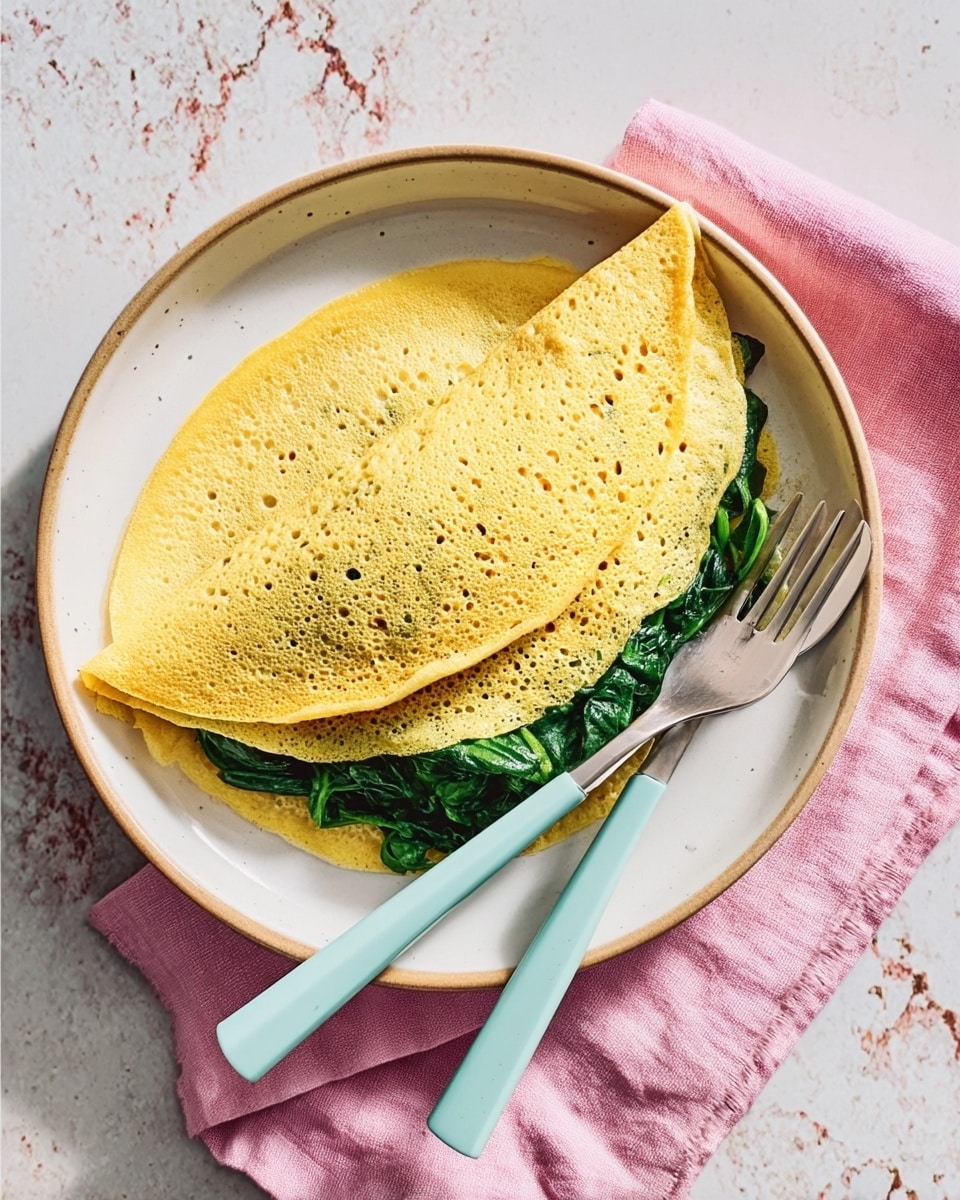 A white plate holds a folded, yellow crepe with a lacy texture on the edges, covering vibrant cooked green spinach that peeks from under the crepe on the right side. To the left of the crepe, a silver fork and knife with turquoise handles rest on the plate. The plate is set on a white marbled surface with a soft pink cloth folded nearby. photo taken with an iphone --ar 4:5 --v 7